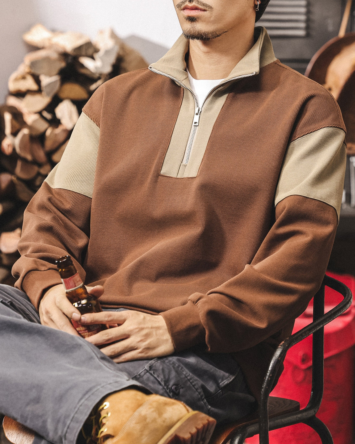 【M-4XL】colorblock half zip ribbed sweatshirt 【ACT0267】