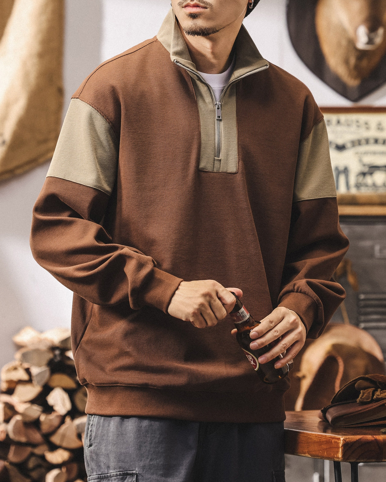 【M-4XL】colorblock half zip ribbed sweatshirt 【ACT0267】