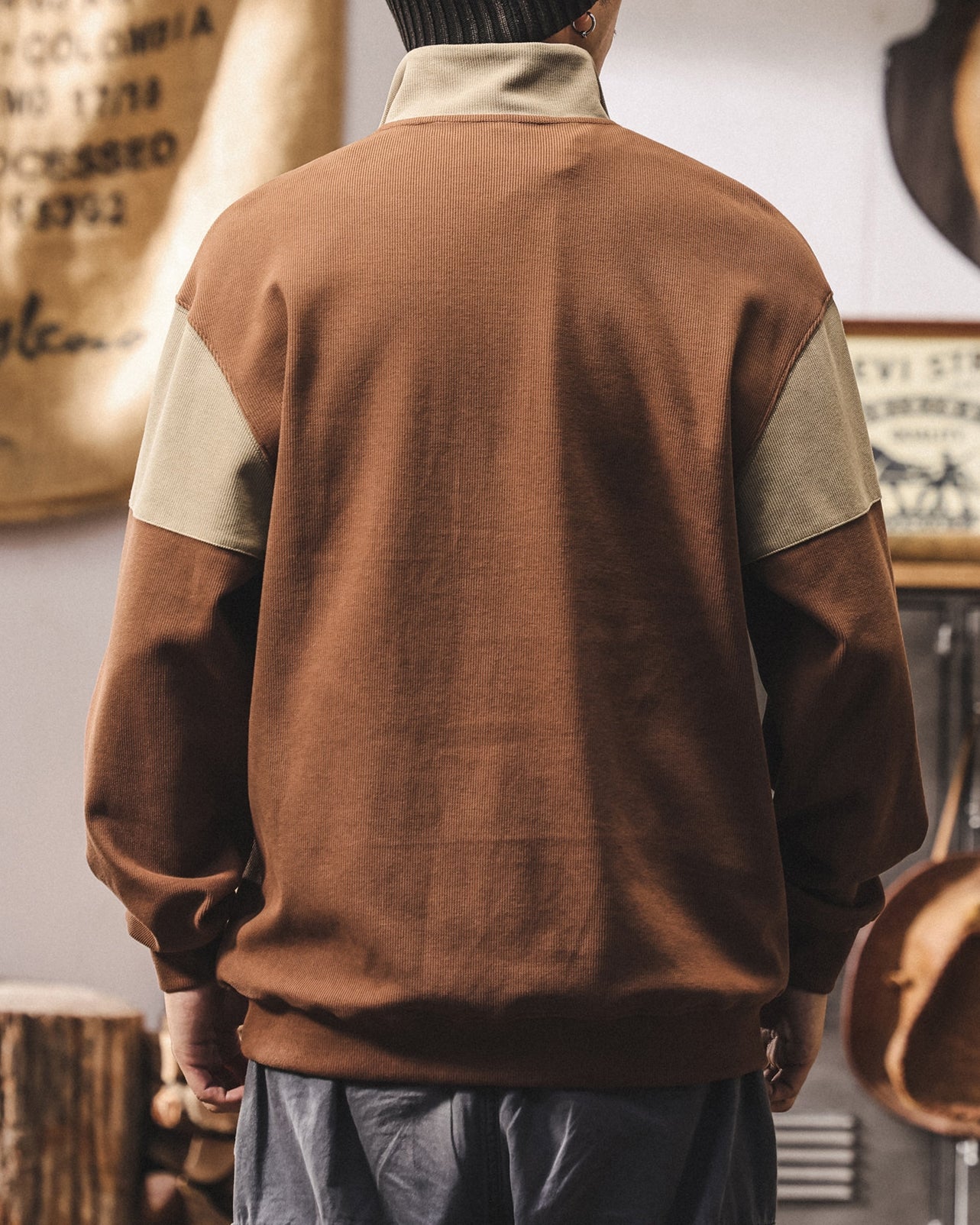 【M-4XL】colorblock half zip ribbed sweatshirt 【ACT0267】