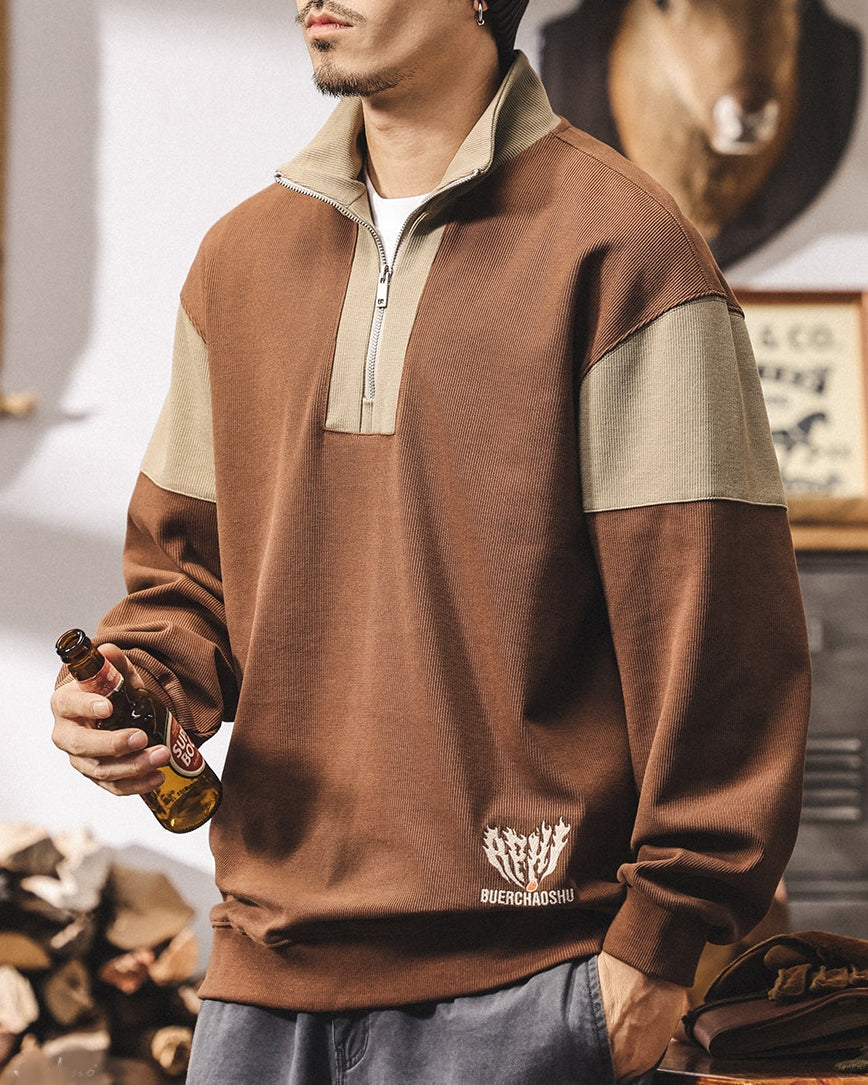 【M-4XL】colorblock half zip ribbed sweatshirt 【ACT0267】