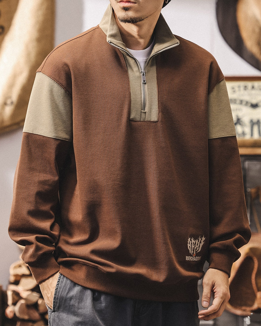 【M-4XL】colorblock half zip ribbed sweatshirt 【ACT0267】