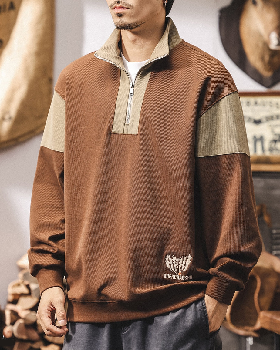 【M-4XL】colorblock half zip ribbed sweatshirt 【ACT0267】