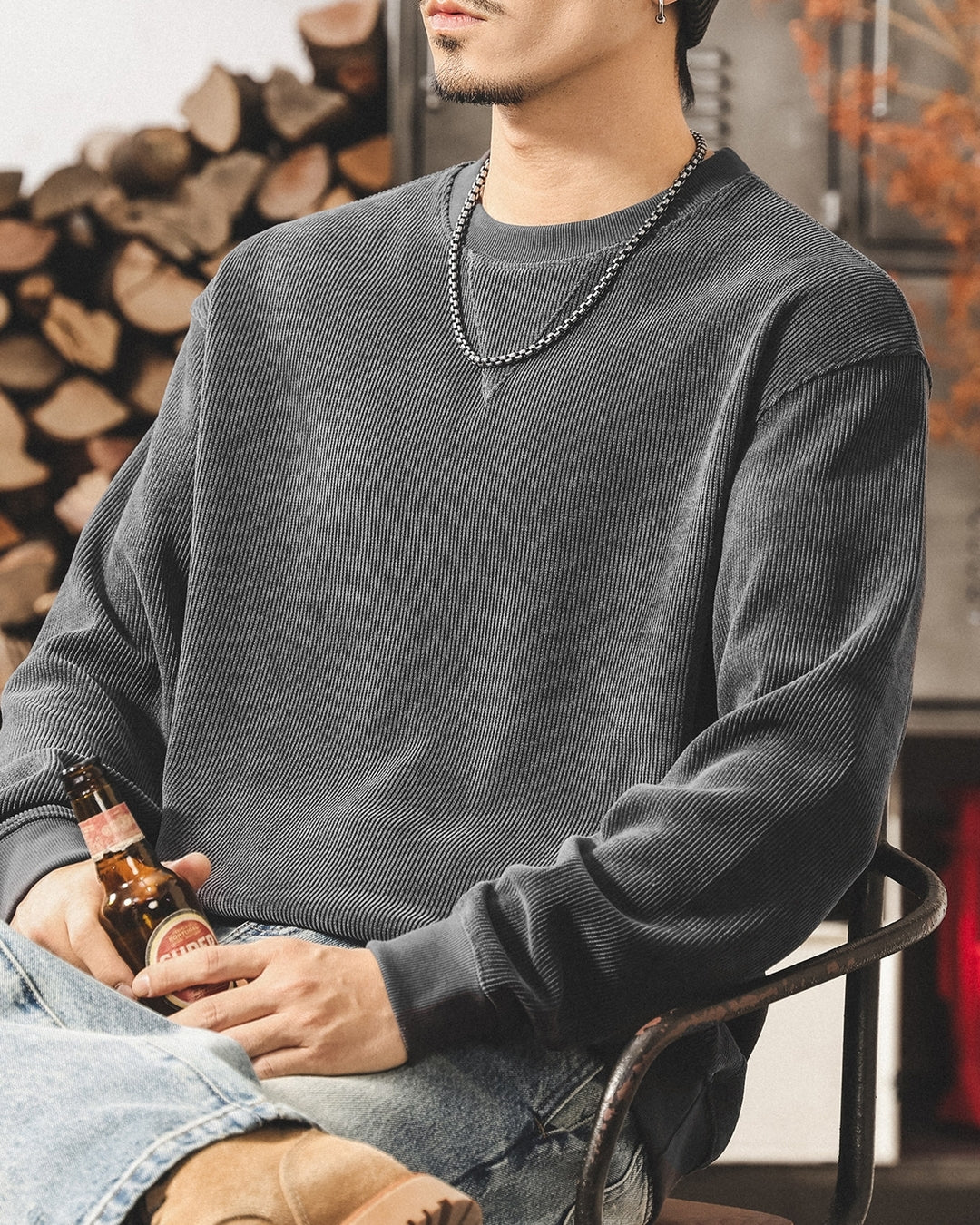 【M-4XL】loose fit corduroy ribbed sweatshirt 【ACT0270】