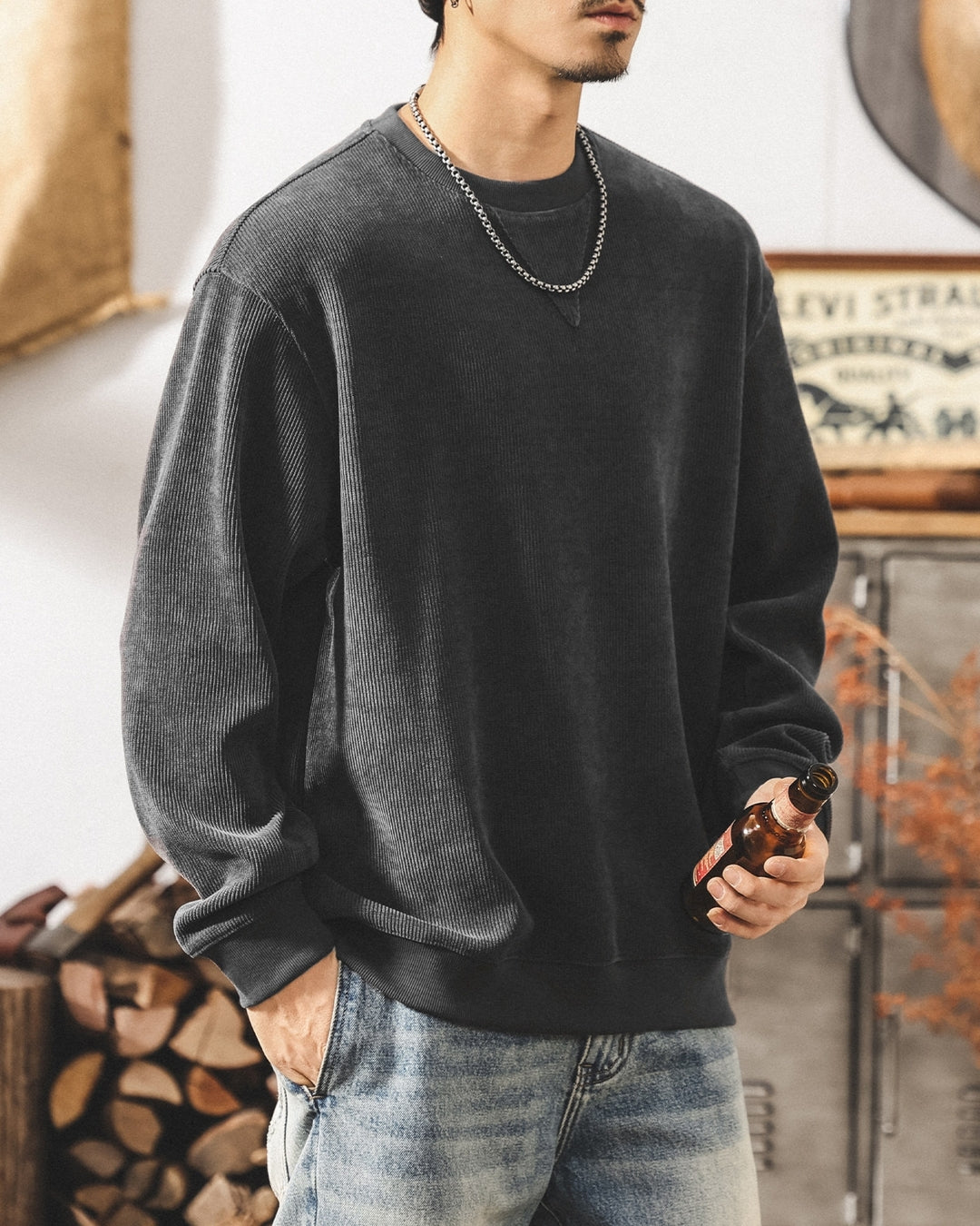 【M-4XL】loose fit corduroy ribbed sweatshirt 【ACT0270】