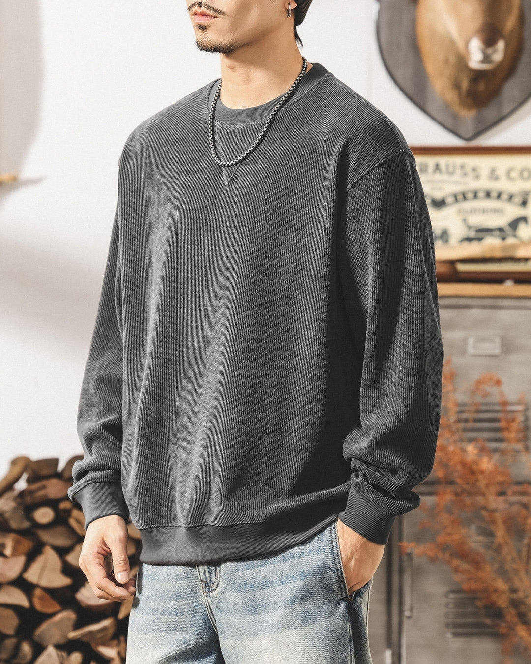 【M-4XL】loose fit corduroy ribbed sweatshirt 【ACT0270】