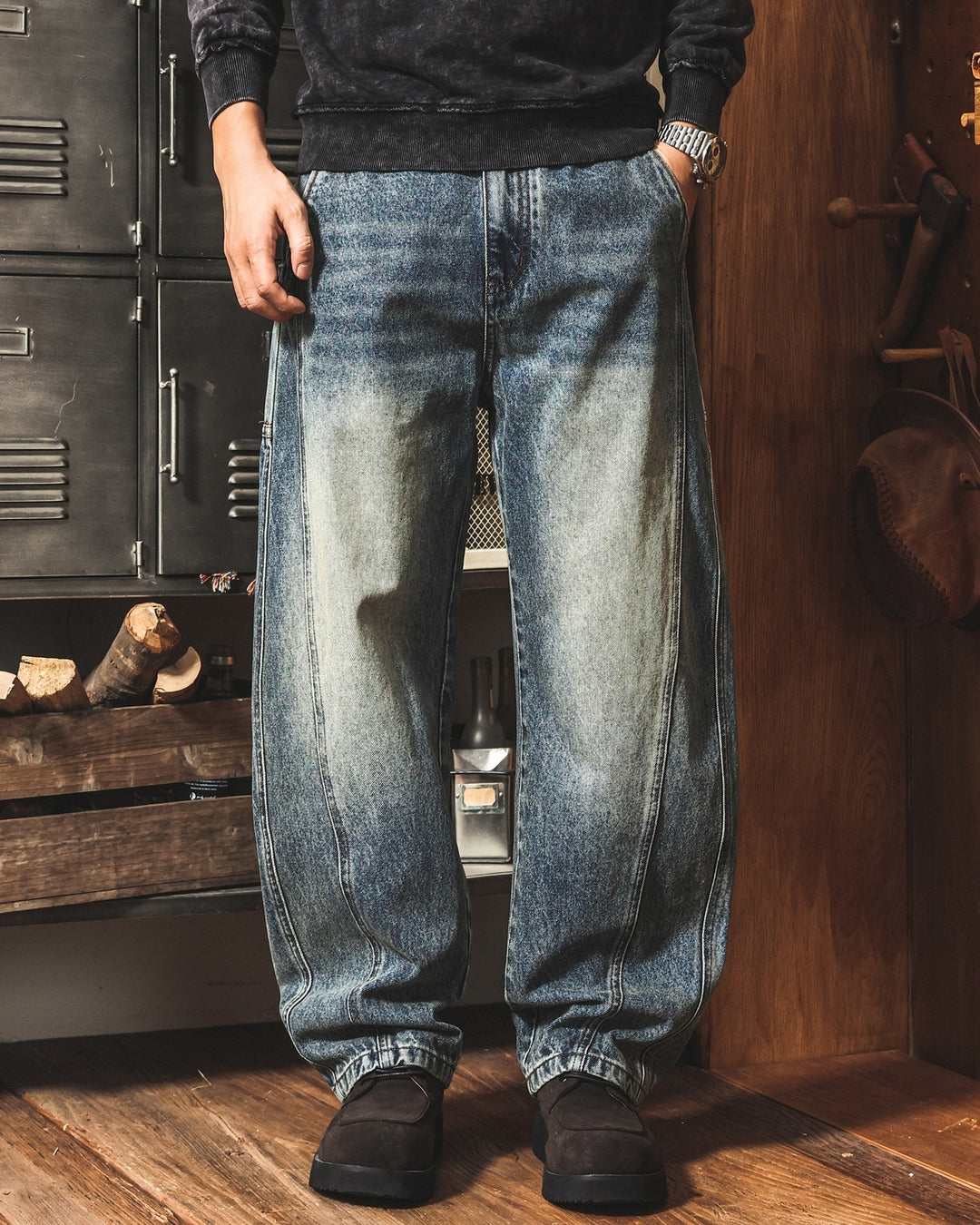 【S-4XL】loose fit vintage washed denim pants 【ACT0273】