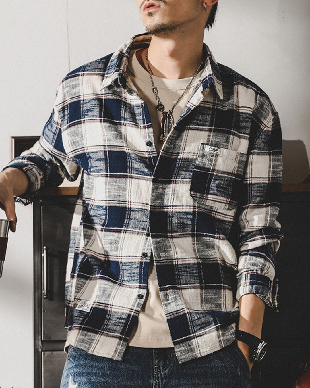 【M-3XL】vintage plaid long sleeve shirt 【ACT0295】