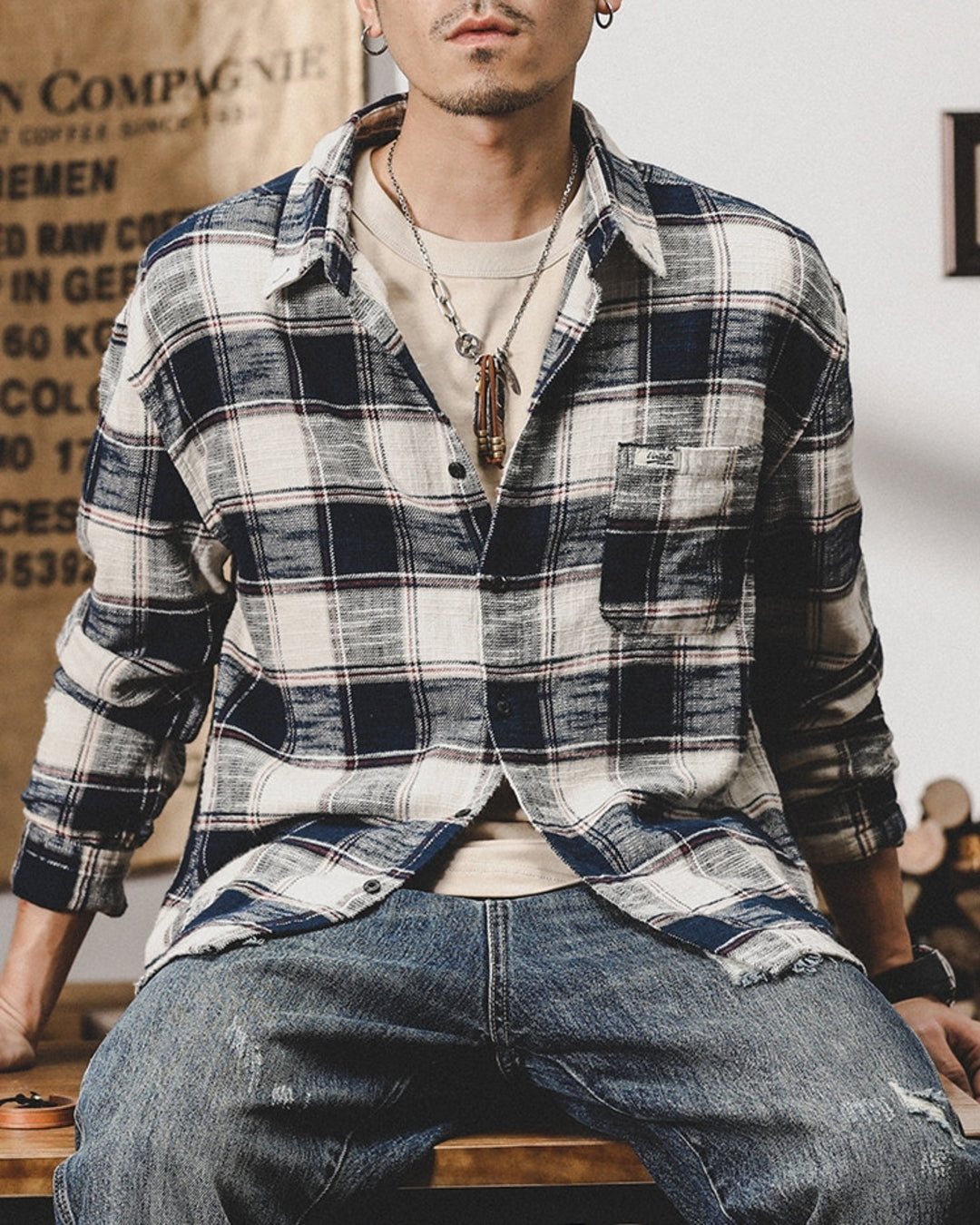 【M-3XL】vintage plaid long sleeve shirt 【ACT0295】