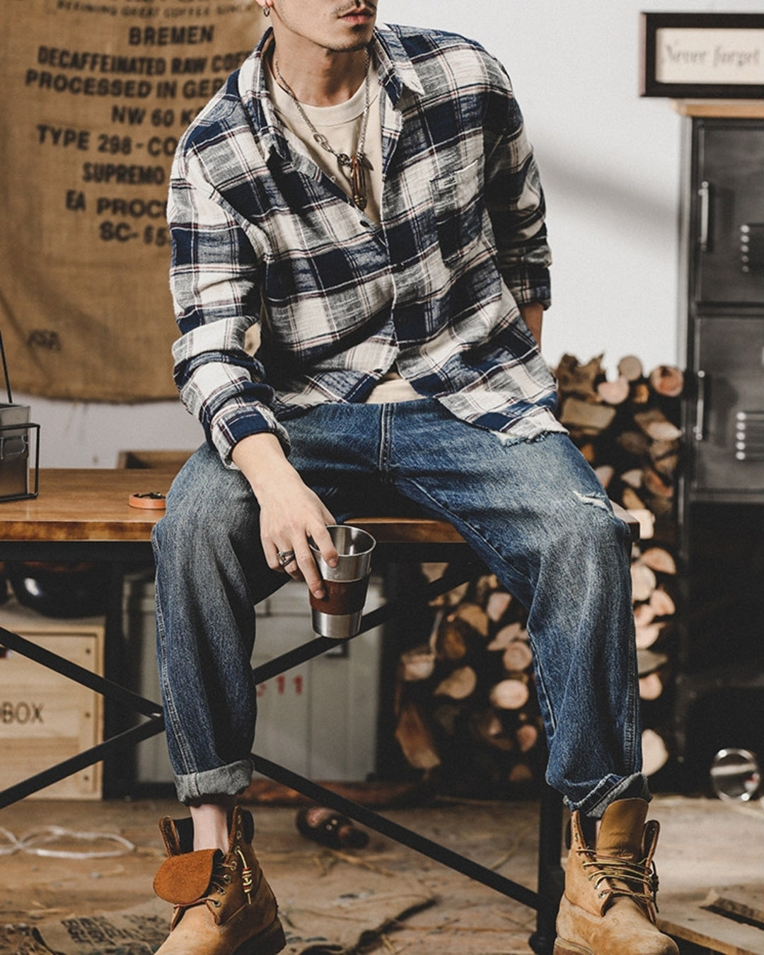 【M-3XL】vintage plaid long sleeve shirt 【ACT0295】