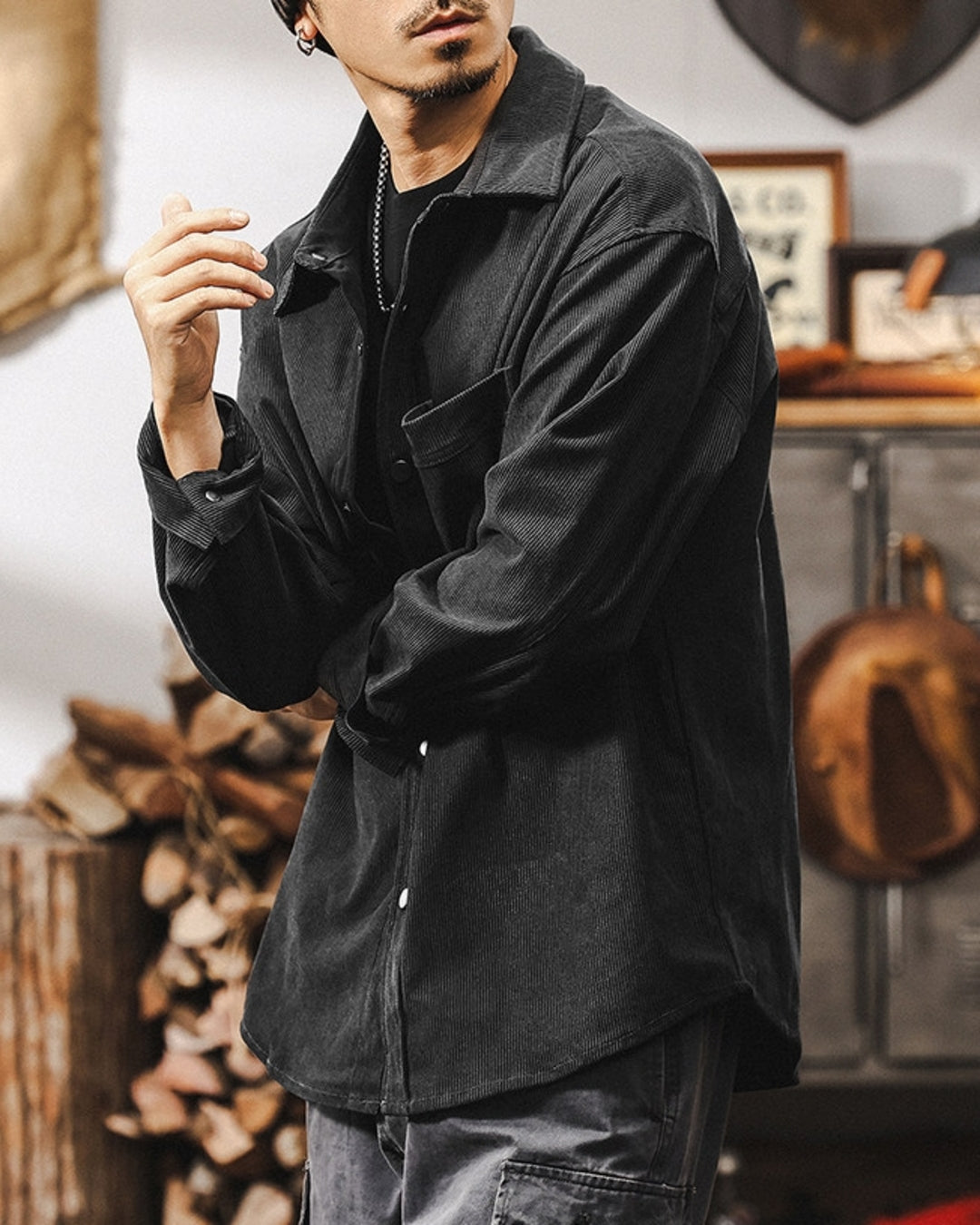 【M-4XL】relaxed fit corduroy long shirt 【ACT0299】