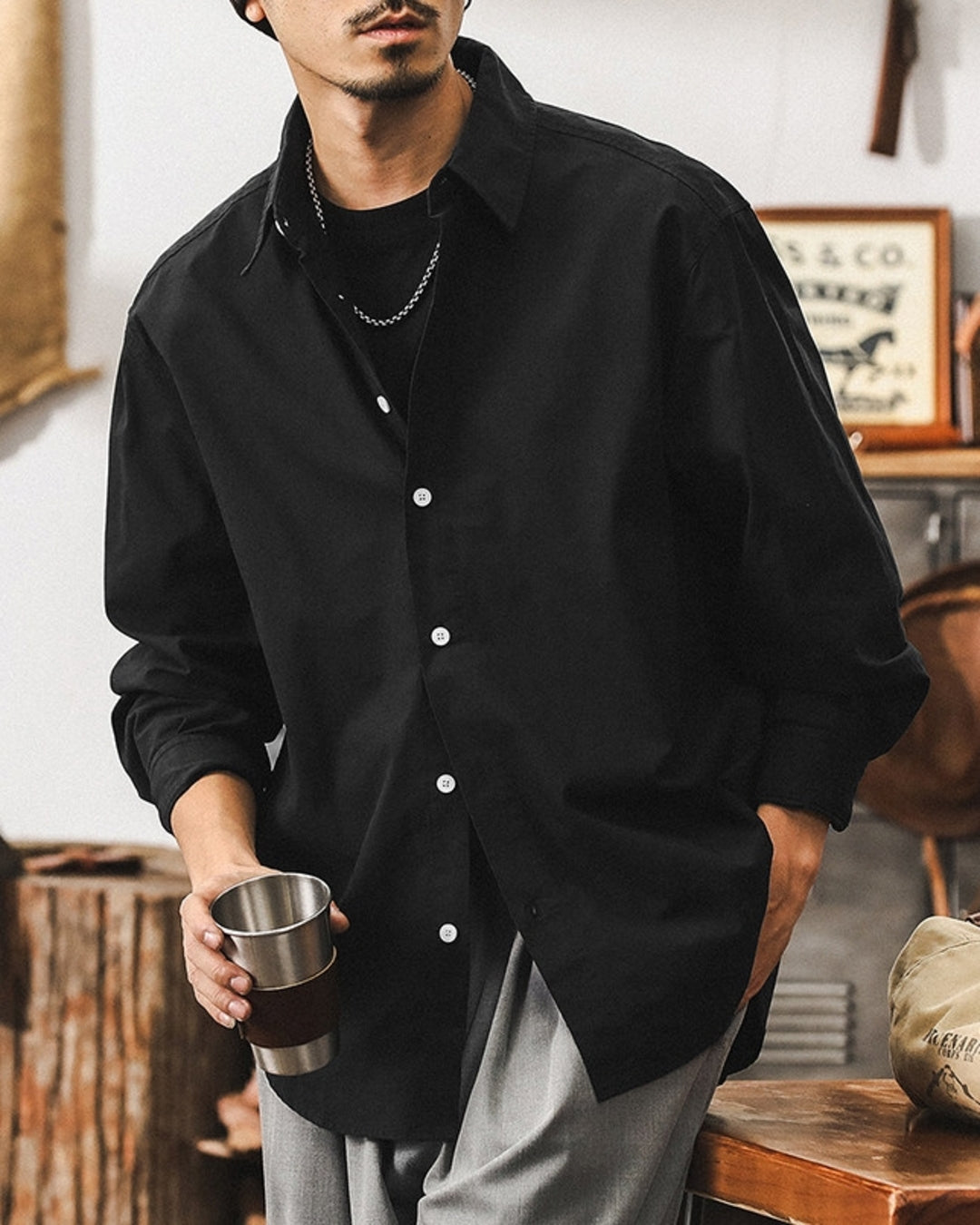 【M-4XL】basic cotton long sleeve shirt 【ACT0300】