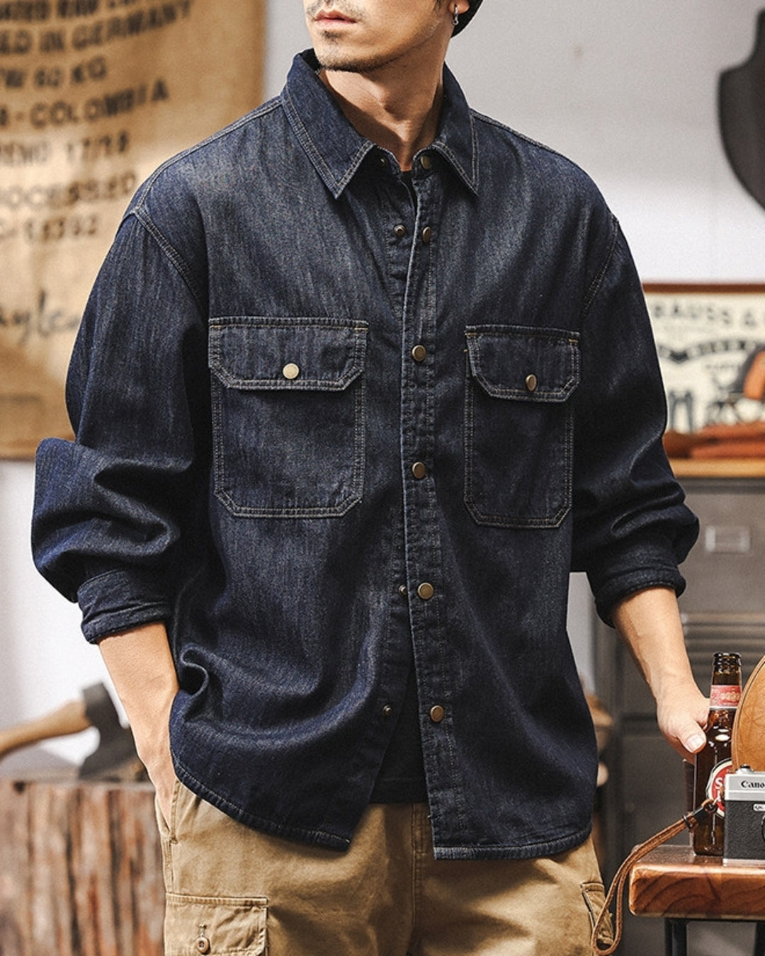 【M-4XL】vintage raw denim work shirt 【ACT0302】