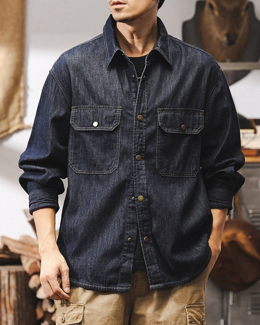 【M-4XL】vintage raw denim work shirt 【ACT0302】