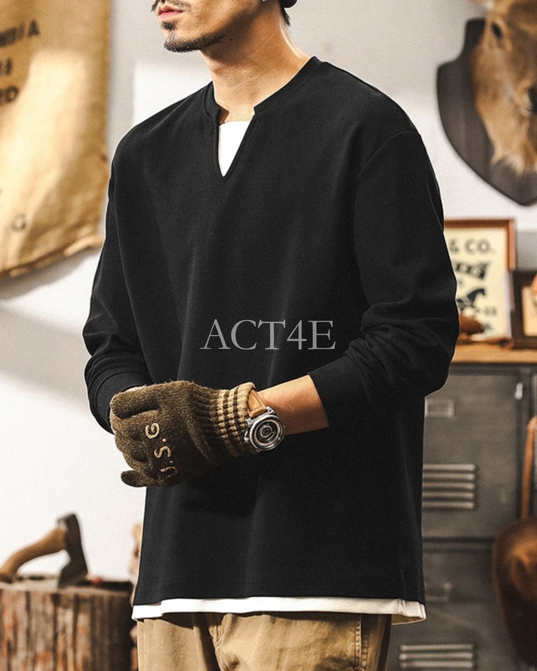 【M-4XL】layered v-neck long sleeve sweatshirt 【ACT0247】