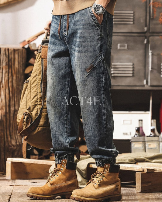 【M-4XL】vintage washed drawstring jogger denim pants 【ACT0253】
