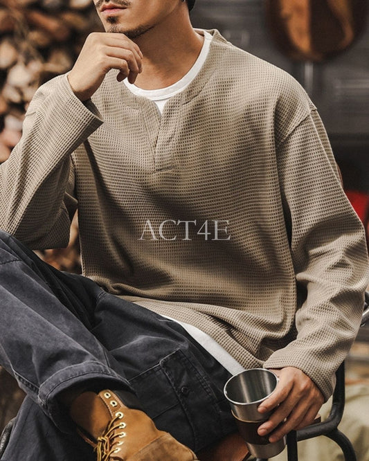 【M-4XL】waffle henley neck long sleeve shirt 【ACT0249】