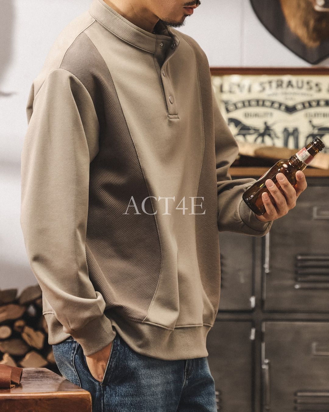 【M-4XL】henley neck vintage casual sweatshirt 【ACT0259】