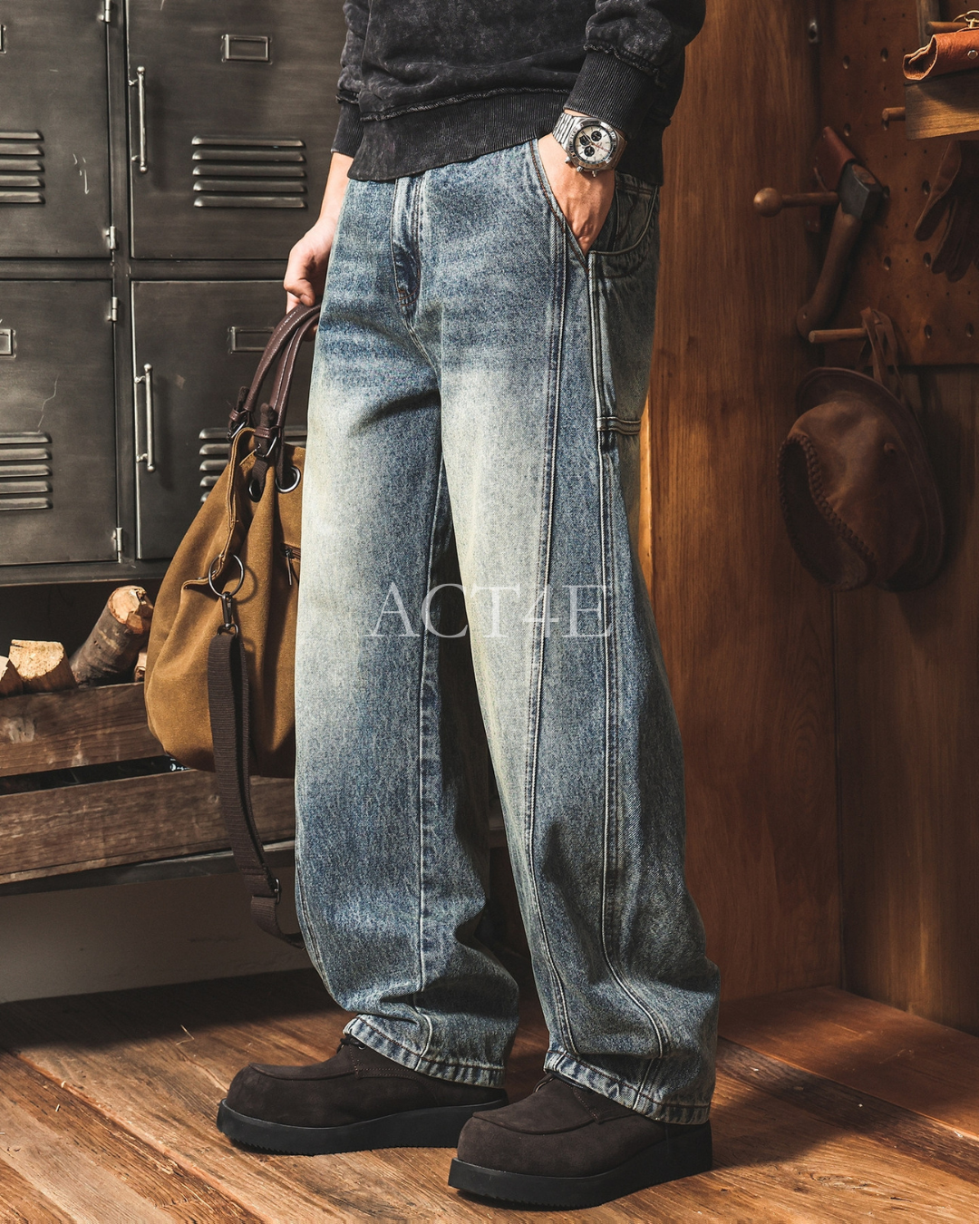 【S-4XL】loose fit vintage washed denim pants 【ACT0273】