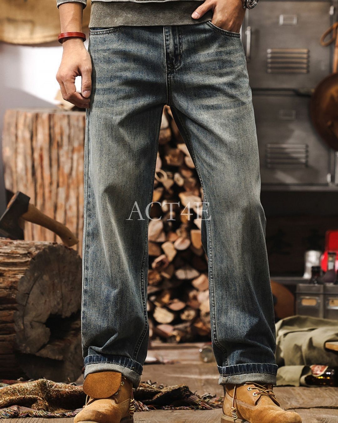 【28-40】vintage washed straight denim pants 【ACT0250】