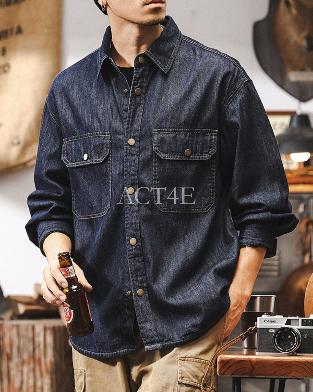 【M-4XL】vintage raw denim work shirt 【ACT0302】