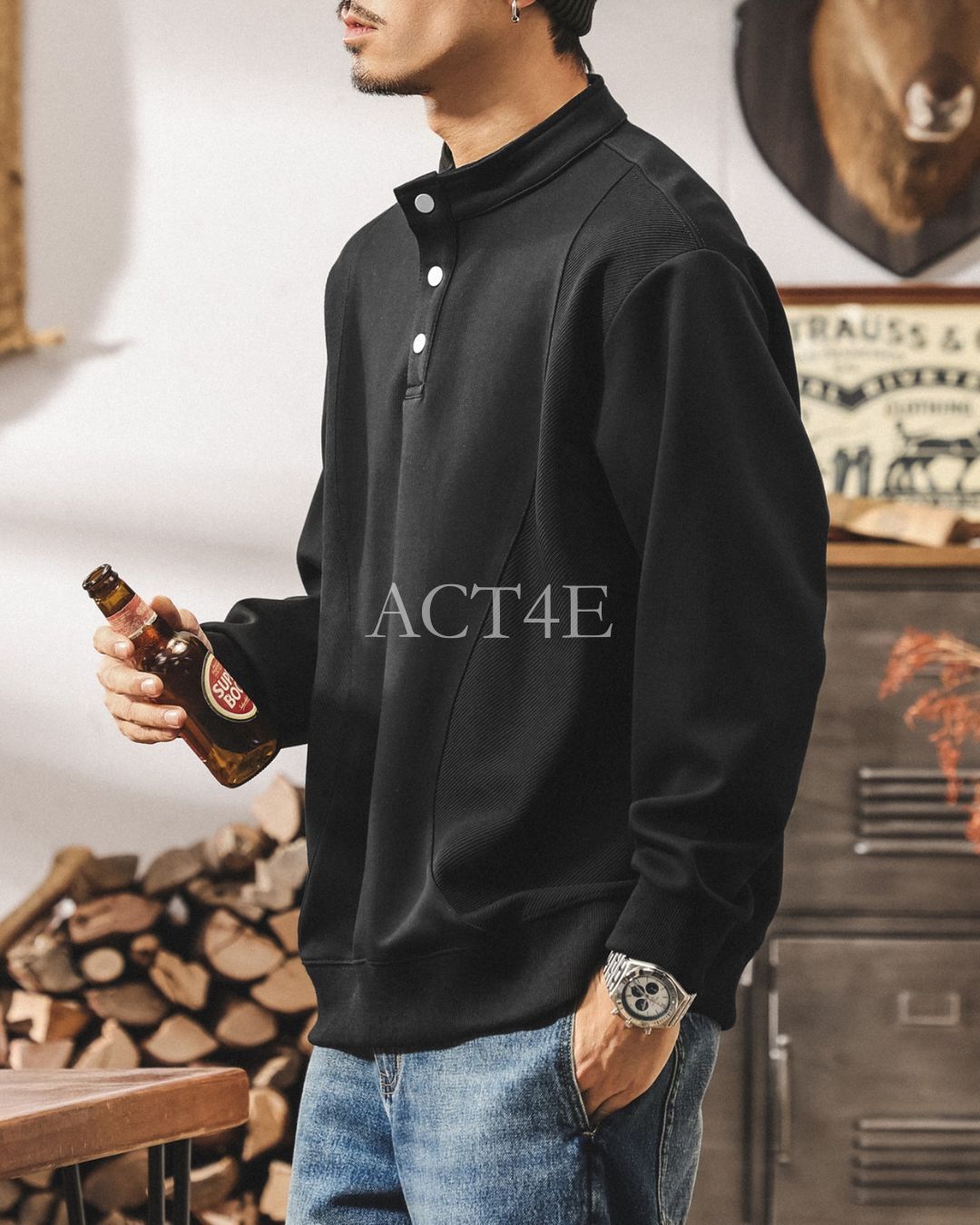 【M-4XL】henley neck vintage casual sweatshirt 【ACT0256】