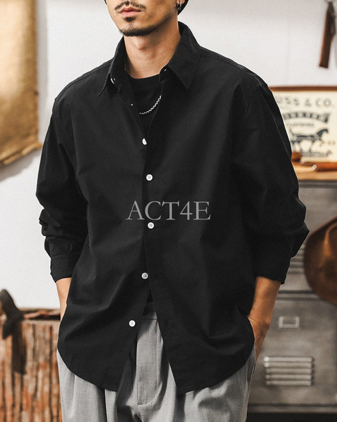 【M-4XL】basic cotton long sleeve shirt 【ACT0300】