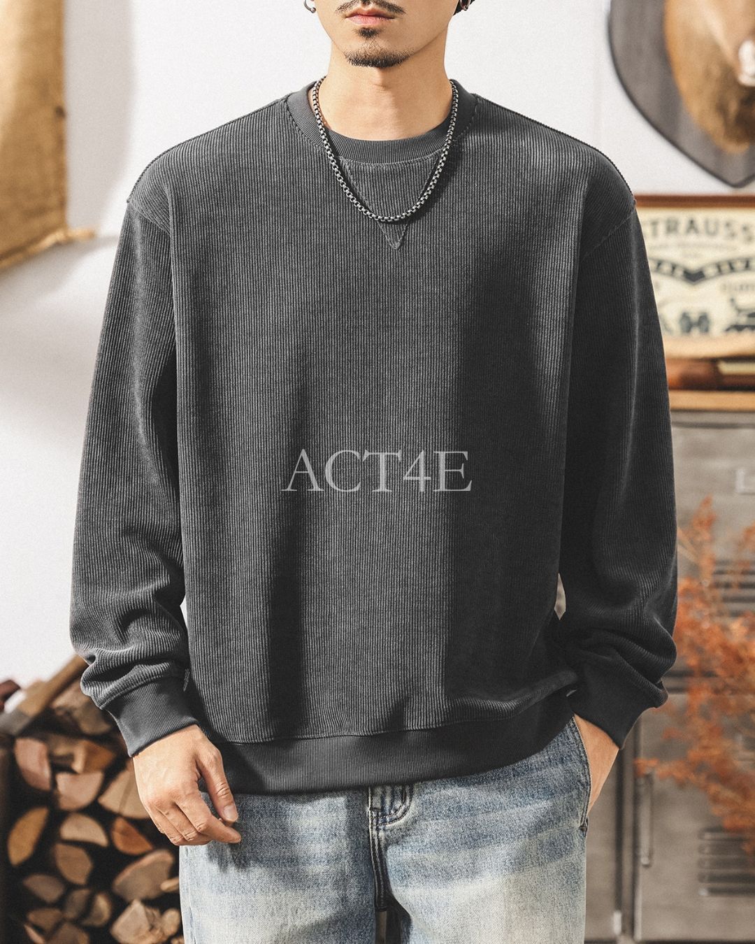 【M-4XL】loose fit corduroy ribbed sweatshirt 【ACT0270】