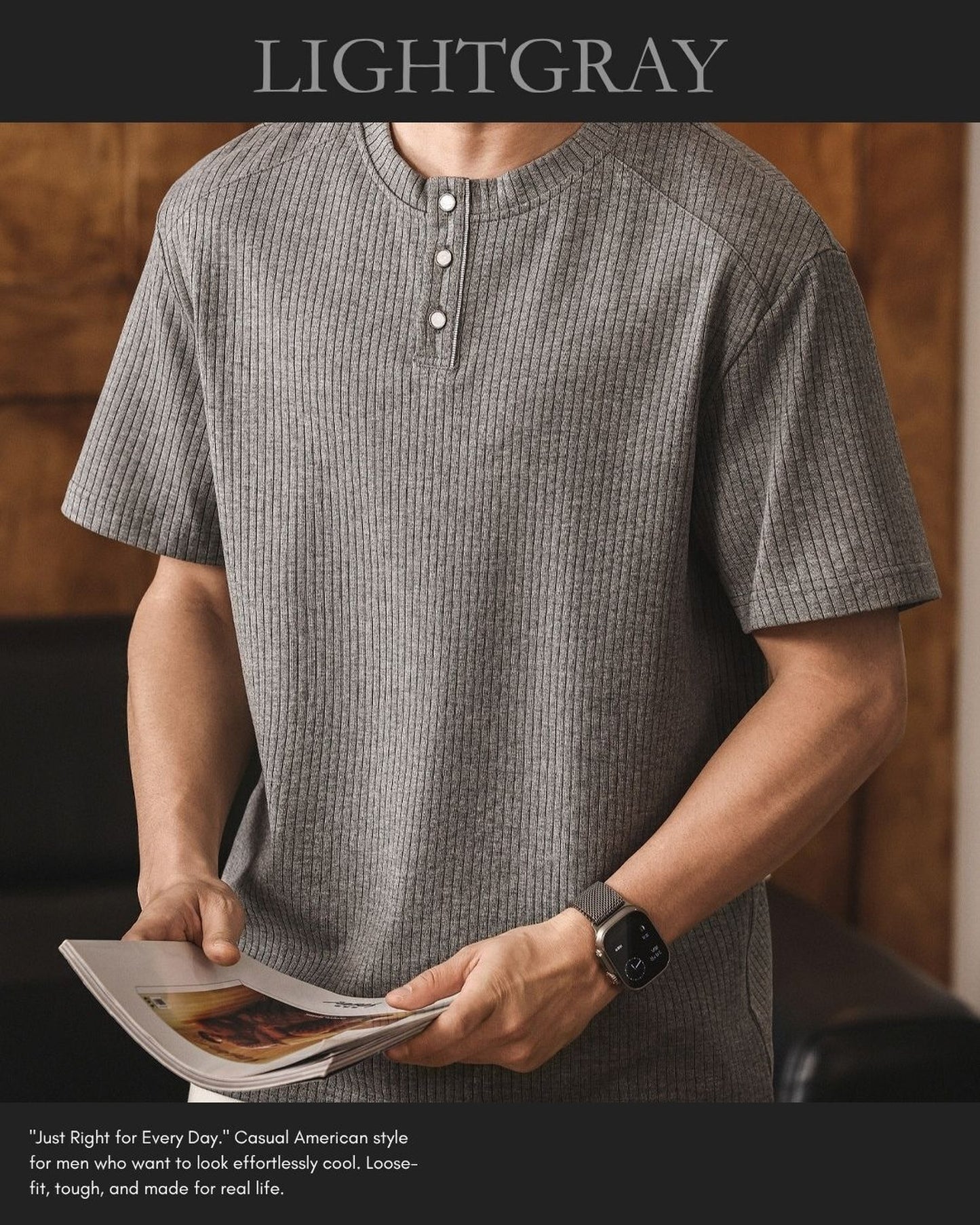 henley neck short sleeve T-shirt 4color 【ACT0235】