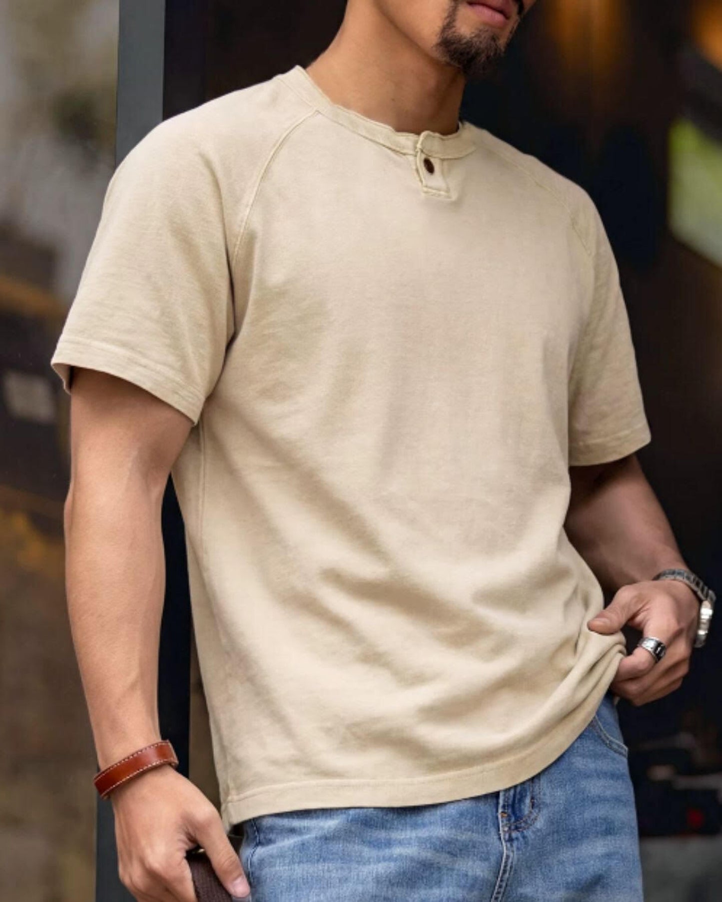 button fastening henley neck t-shirt 2color 【ACT0038】