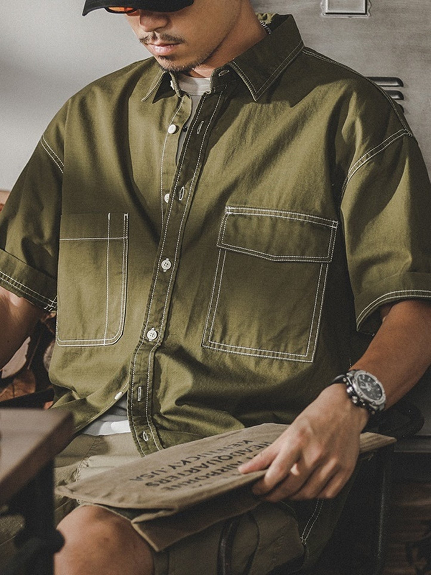 loose-fit stitched pocket short-sleeve cotton shirt 【ACT0252】