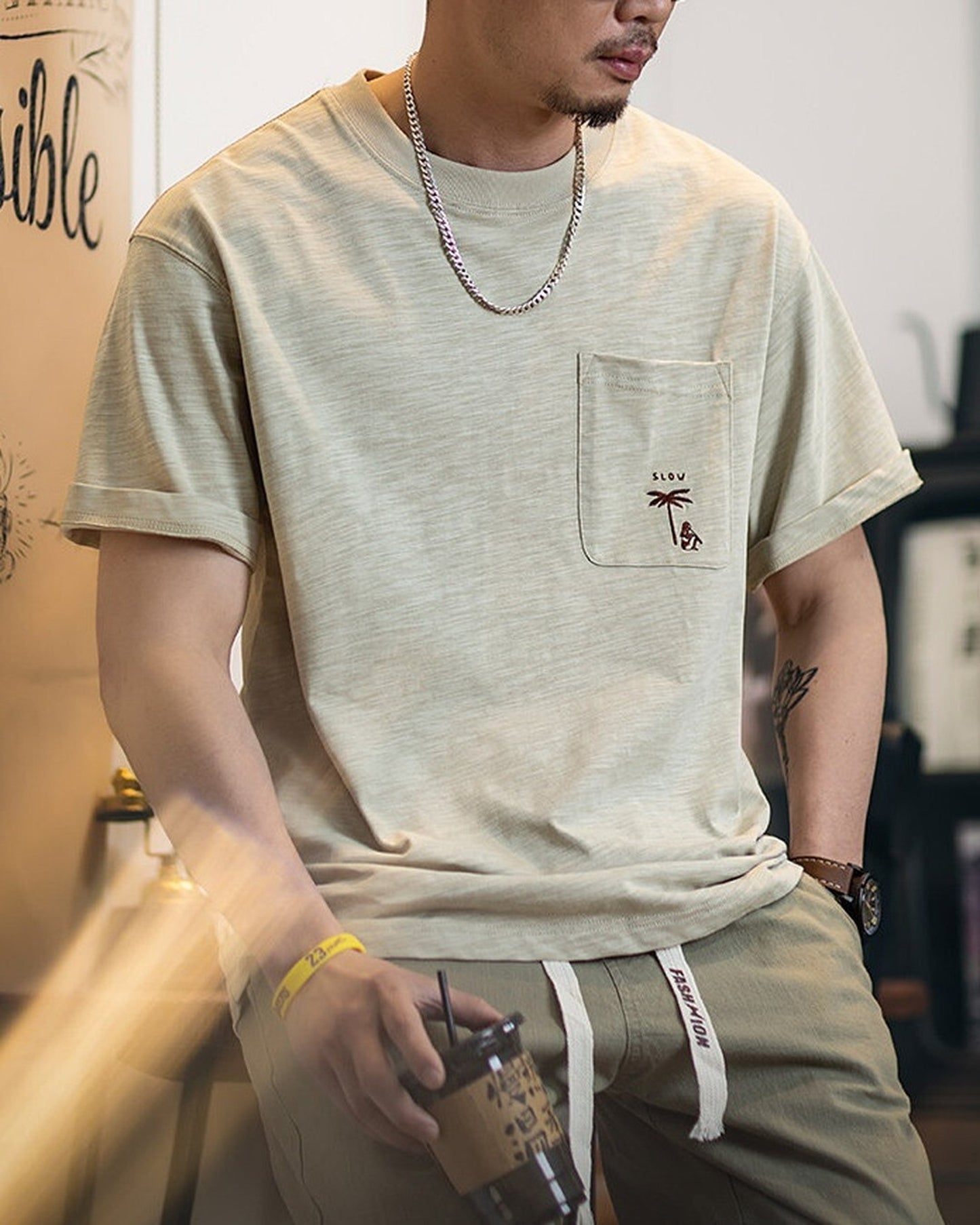 Palm-Tree-Embroidery Chest-Pocket Relaxed T-Shirt 2color 【ACT0087】