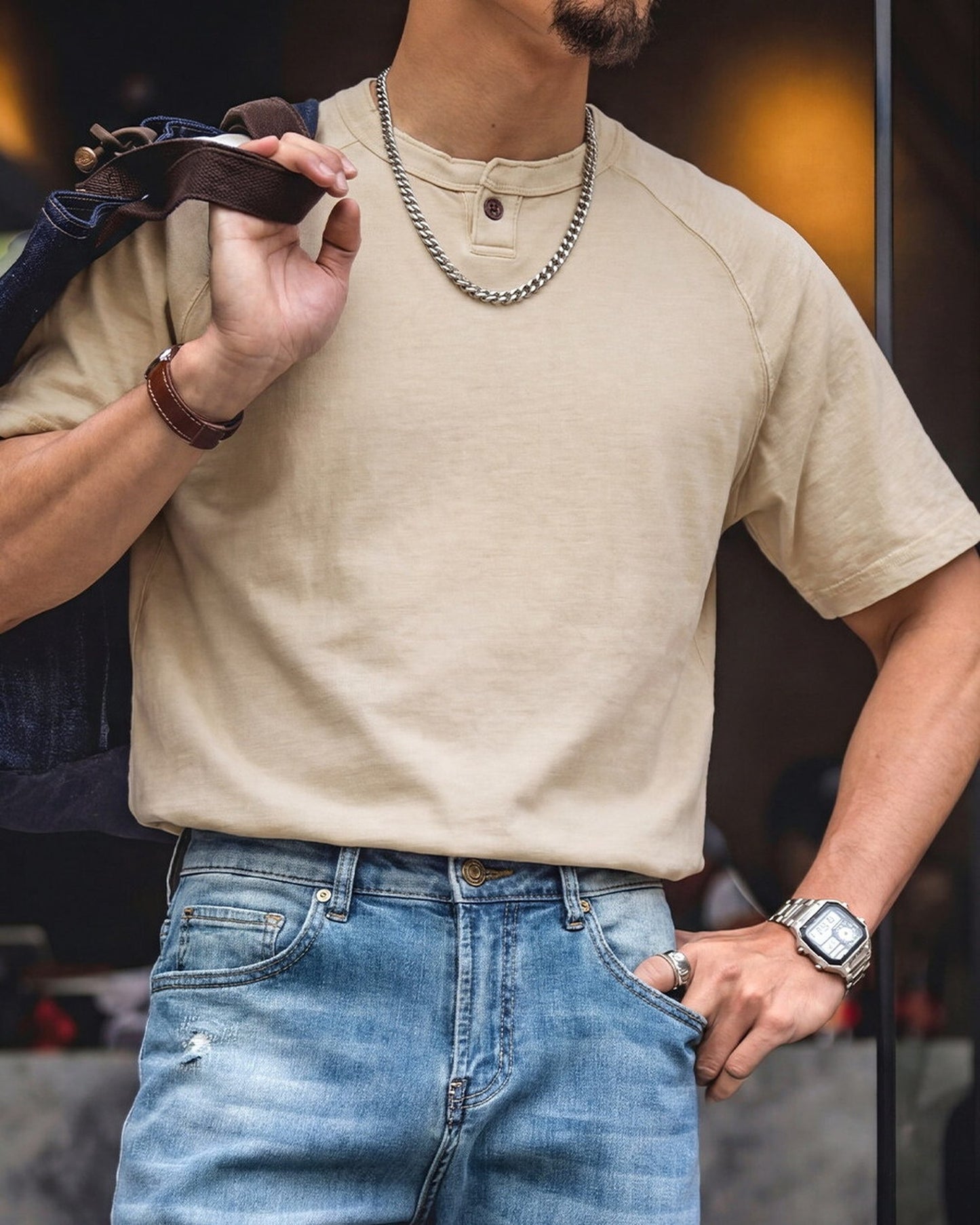 Henley-Neck Raglan-Sleeve Loose Casual T-Shirt 2color 【ACT0085】