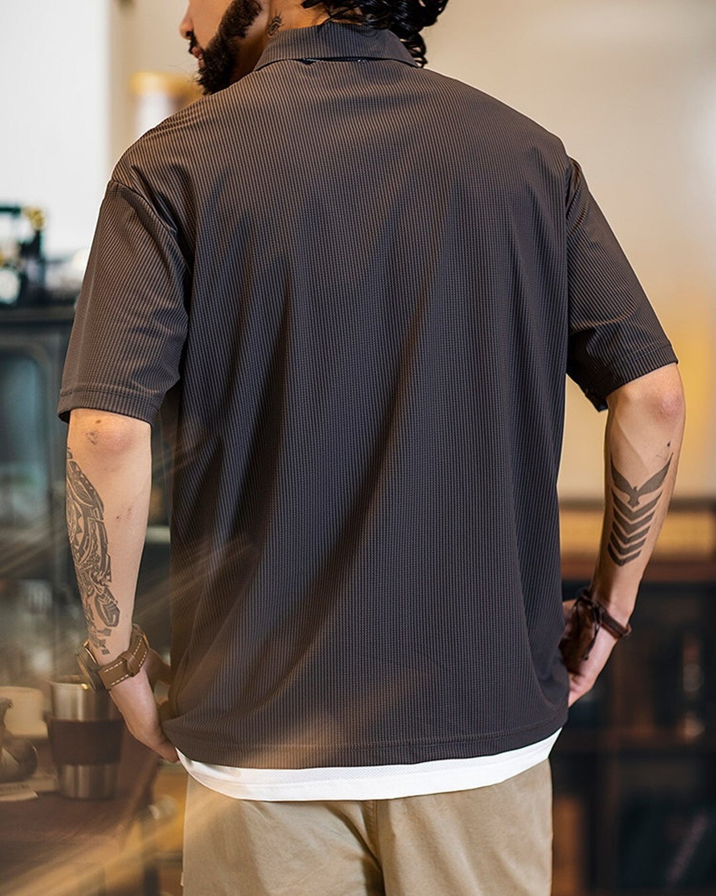 Texture Stripe Polo Loose Short-Sleeve Casual Shirt 【ACT0074】