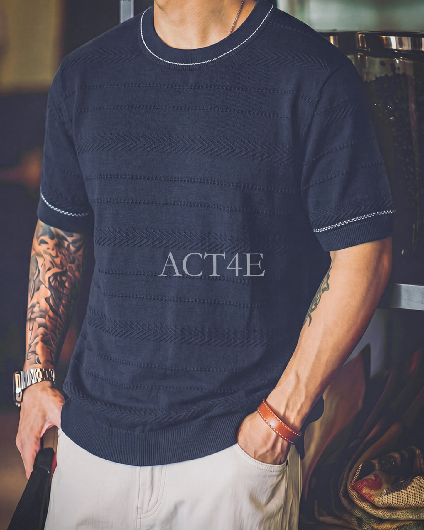 Pattern-Knit Contrast-Trim Loose Casual Knit-Shirt 3color 【ACT0086】