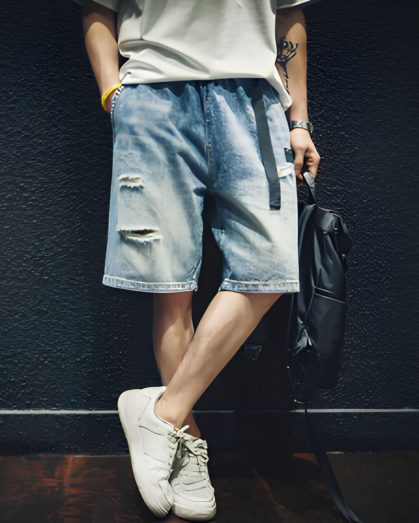 damage processed belted denim half pants 【ACT0005】