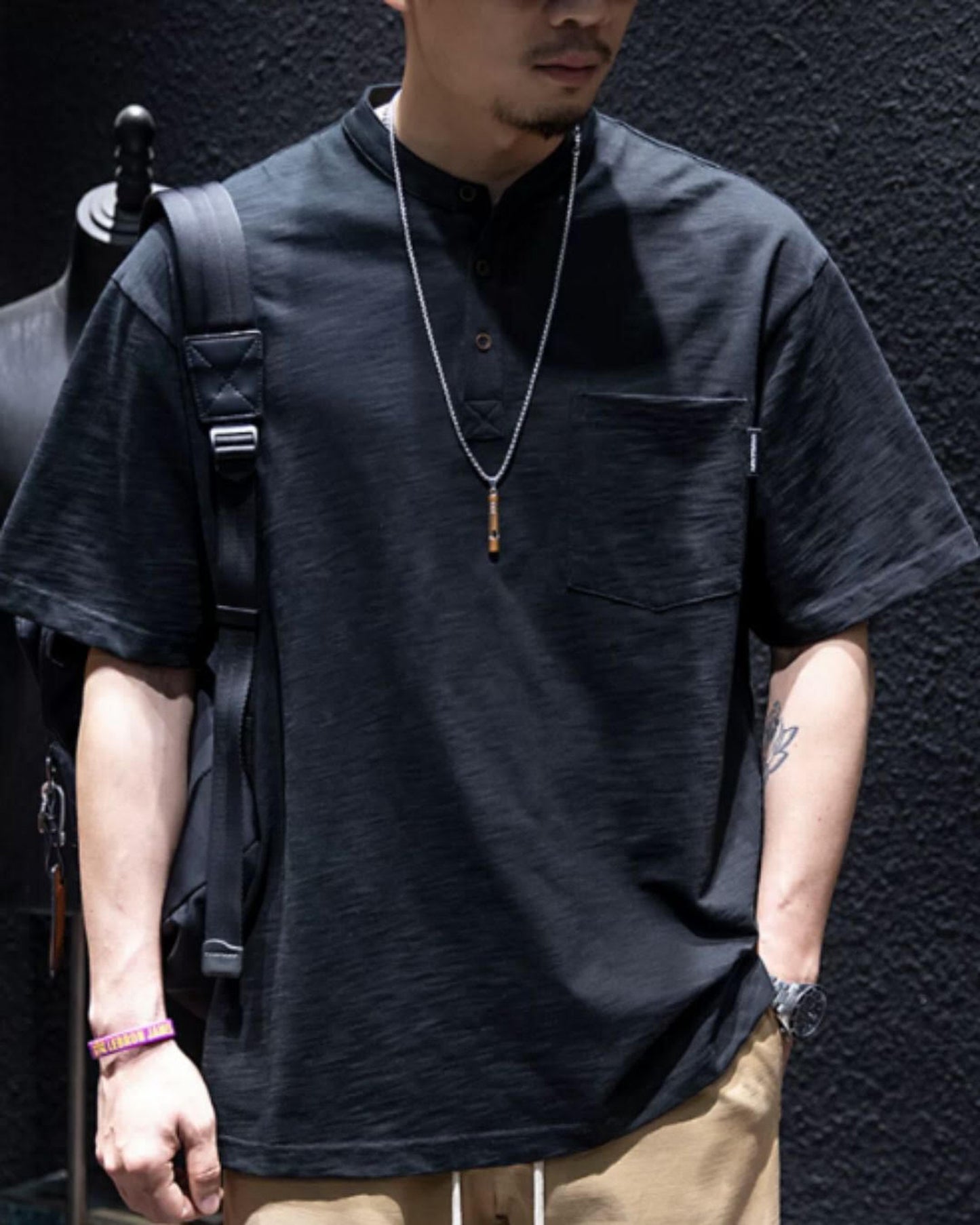 button front patch pocket short sleeve t-shirt 2color 【ACT0048】