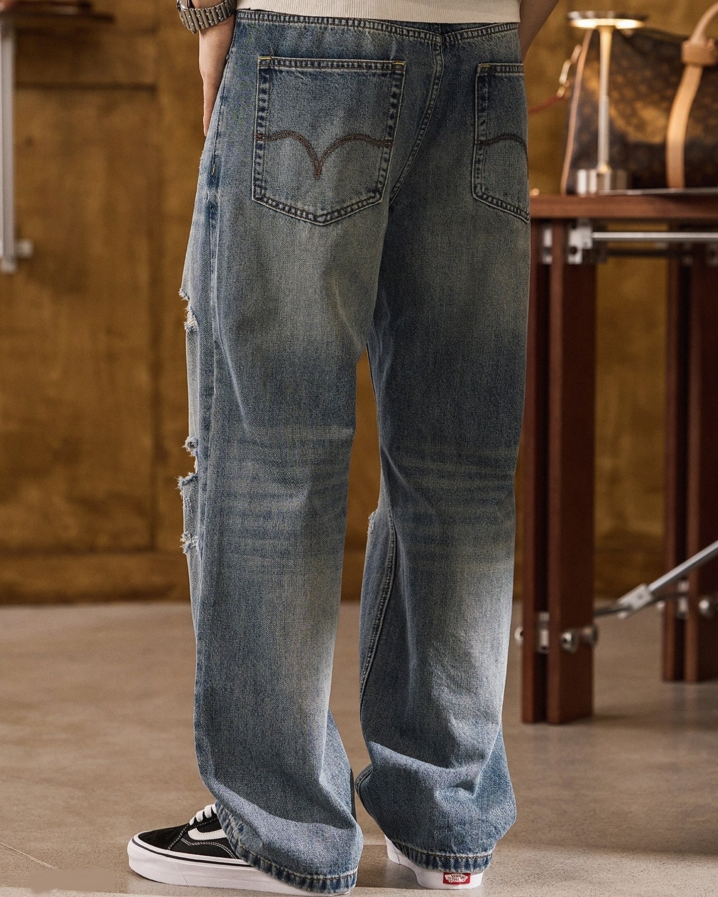 distressed loose straight denim pants 【ACT0177】