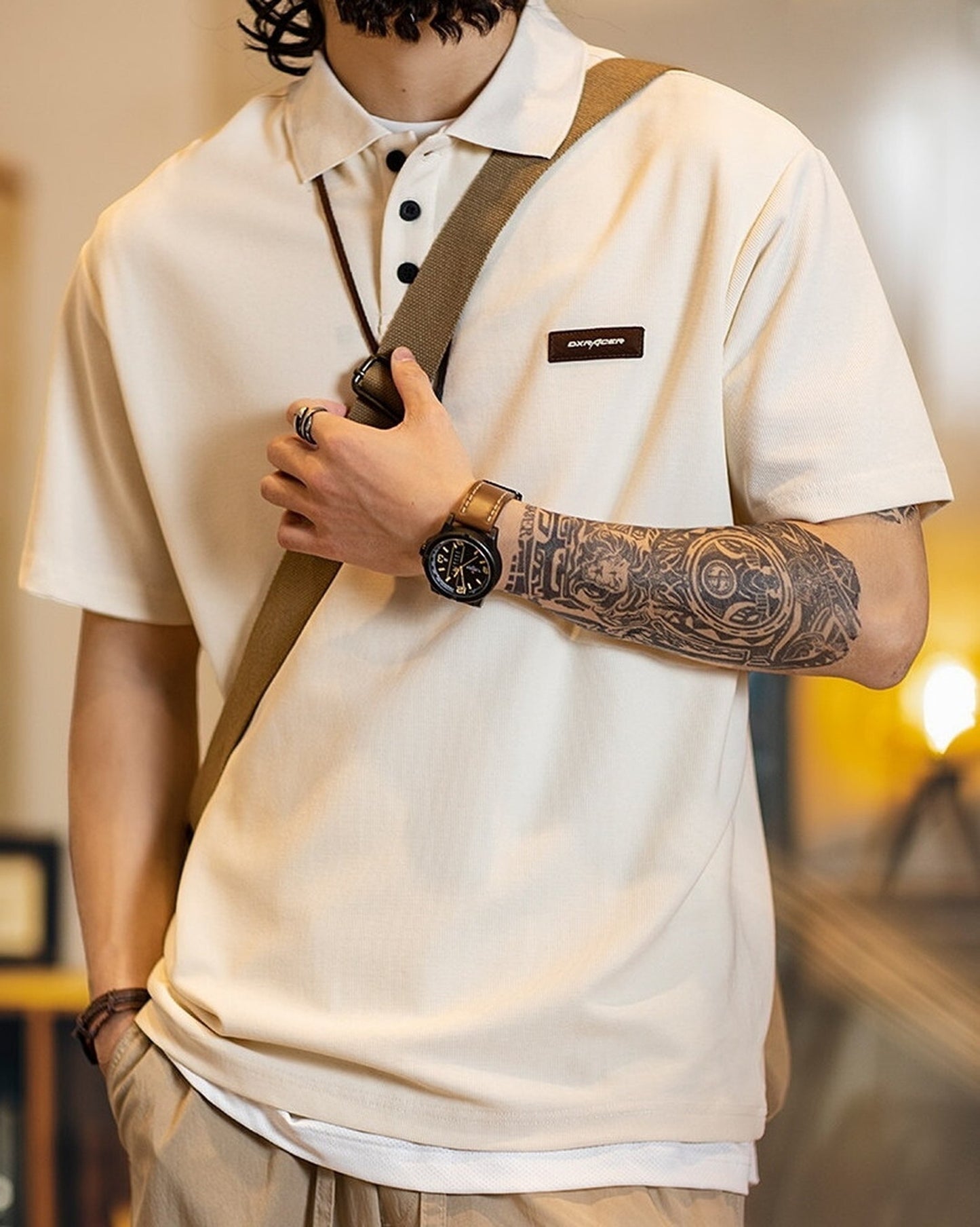 Patch Polo Loose Short -Sleeve Casual T-Shirt 2color 【ACT0075】