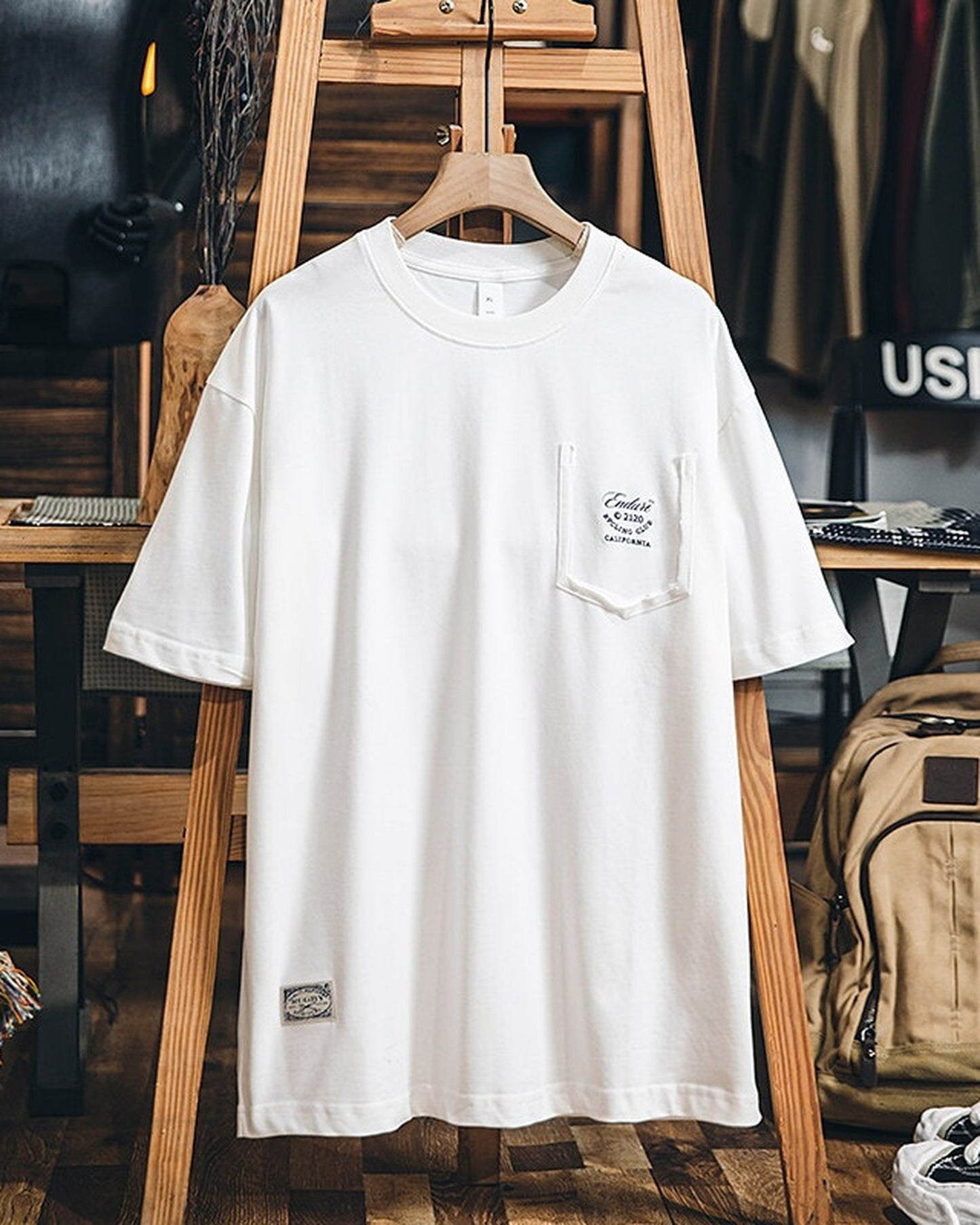 Chest-Pocket Loose Casual Letter-Print T-Shirt 2color 【ACT0079】