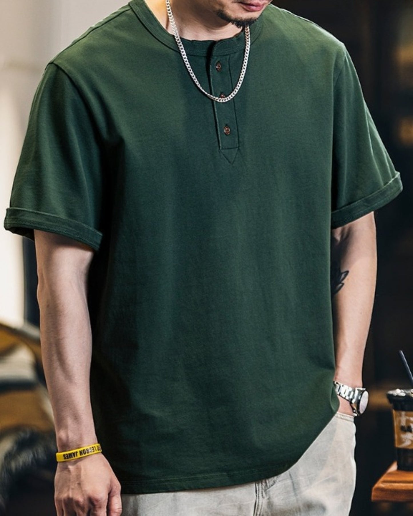 vintage henley neck solid short sleeve t-shirt 5color 【ACT0158】