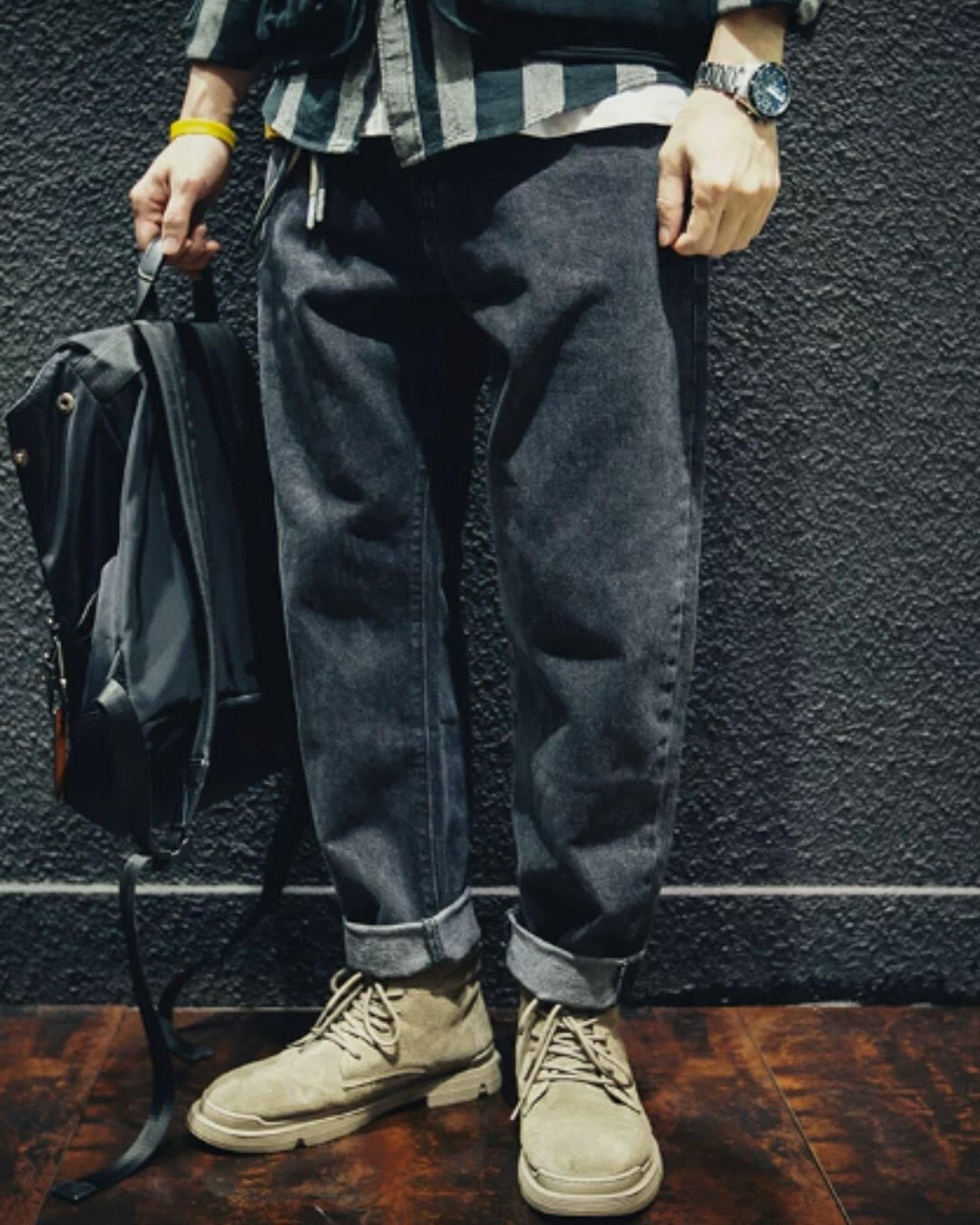 drawstring processed wide straight denim pants 【ACT0022】