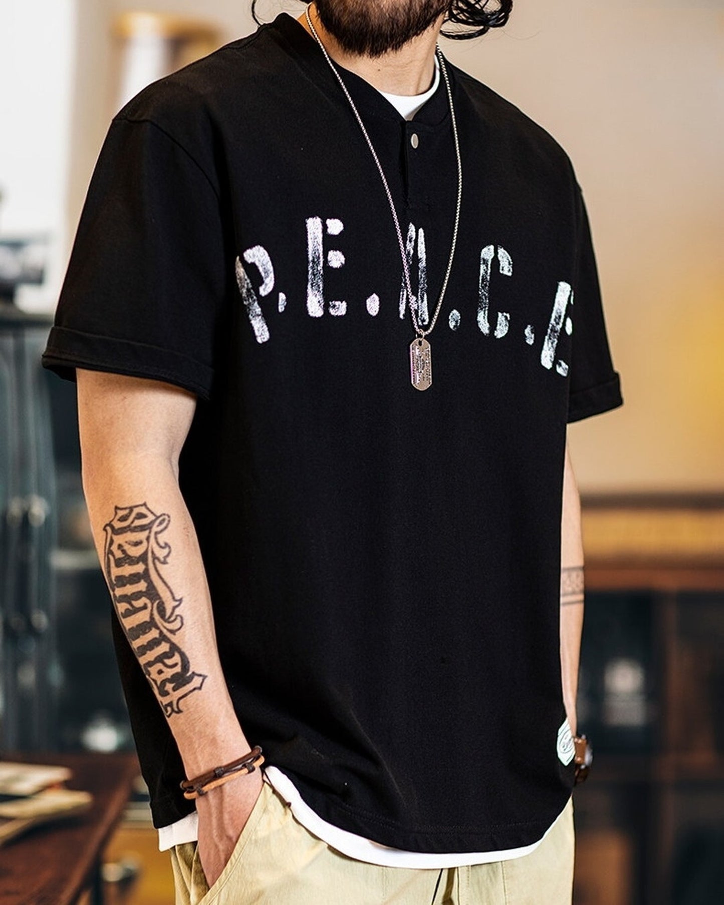 Letter-Print Loose Casual Henley-Neck T-Shirt 2color 【ACT0080】