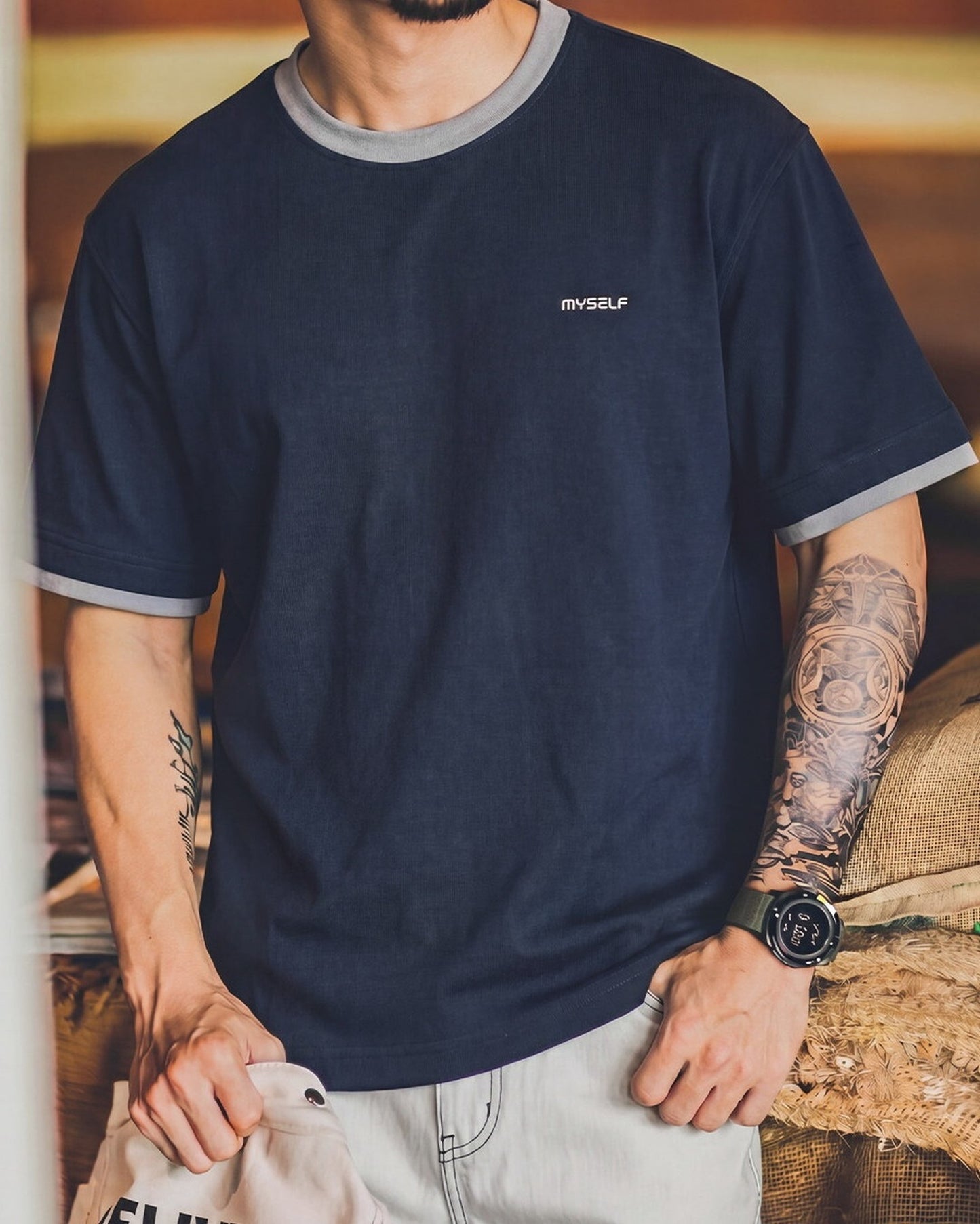 Contrast-Trim Embroidered-Logo Classic Vintage T-Shirt 【ACT0095】