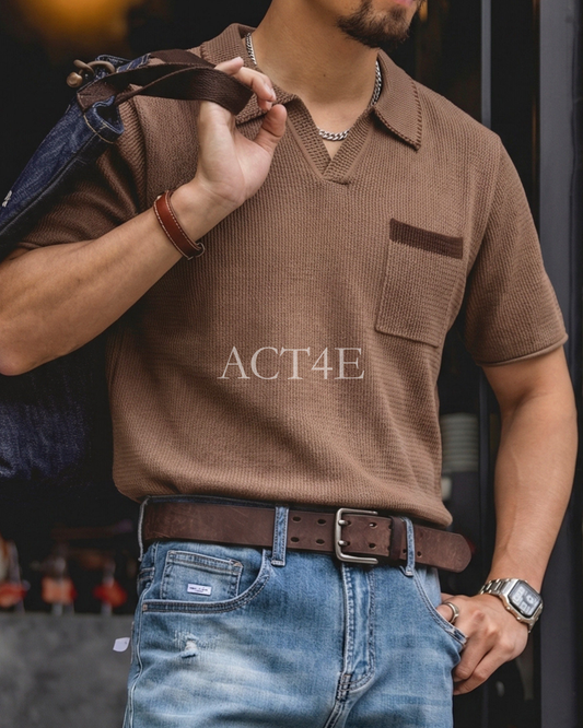 V-Neck Knit Pocket Loose Casual Short-Sleeve Polo Shirt 【ACT0133】