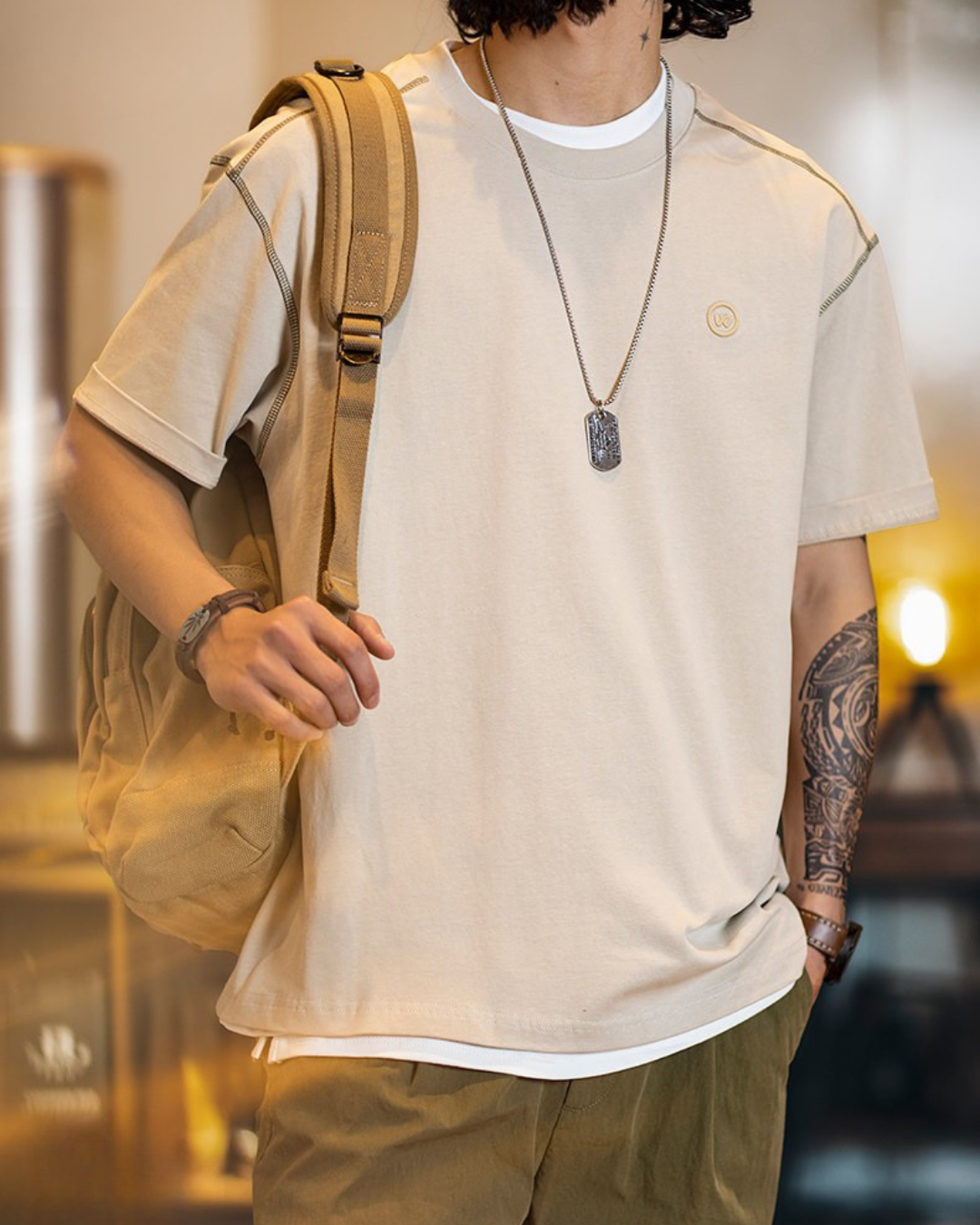 Panel stitched embroidered t-shirt 4color 【ACT0065】