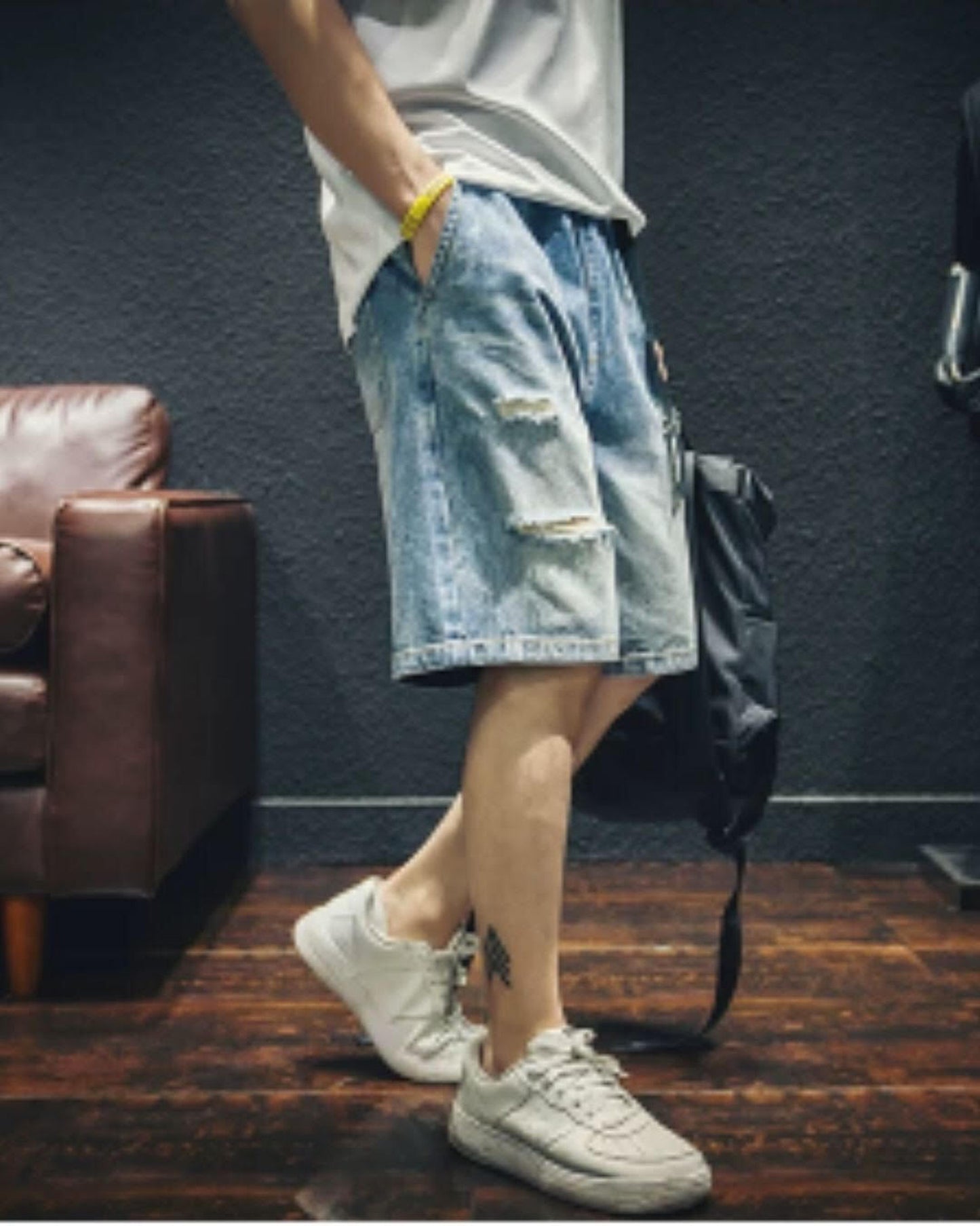 damage processed belted denim half pants 【ACT0005】