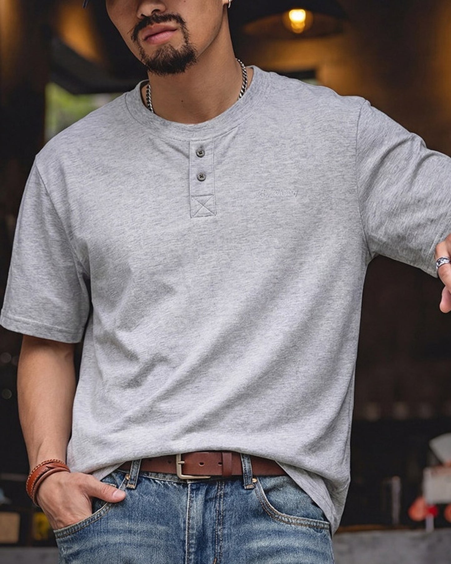 Relaxed Fit Modal Blend Henley Neck T-Shirt 2color 【ACT0115】