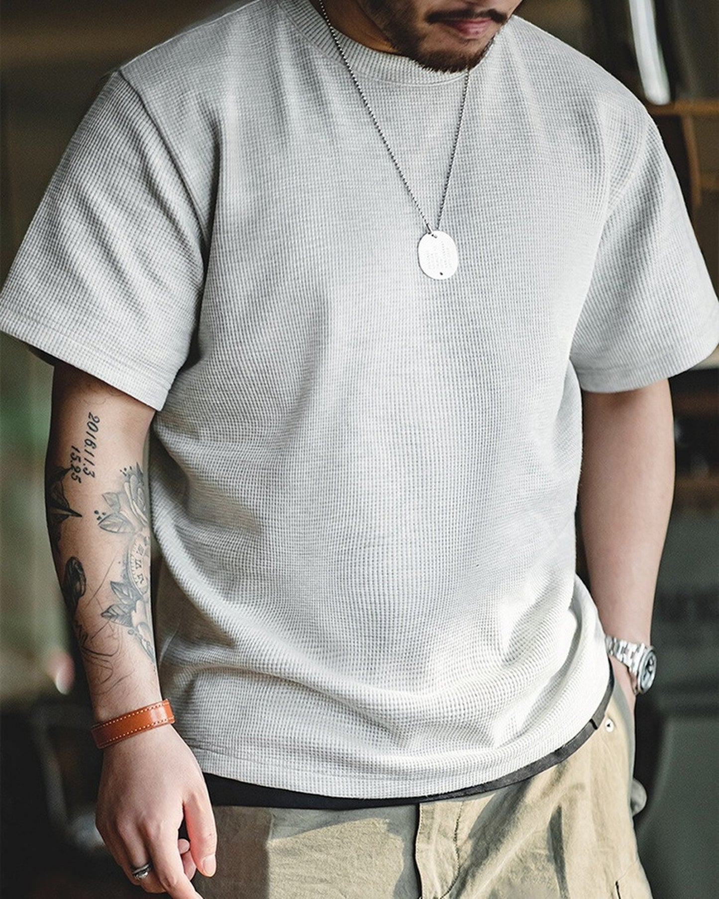 Waffle-Weave LayeredClassic Short-Sleeve T-Shirt 3color 【ACT0138】