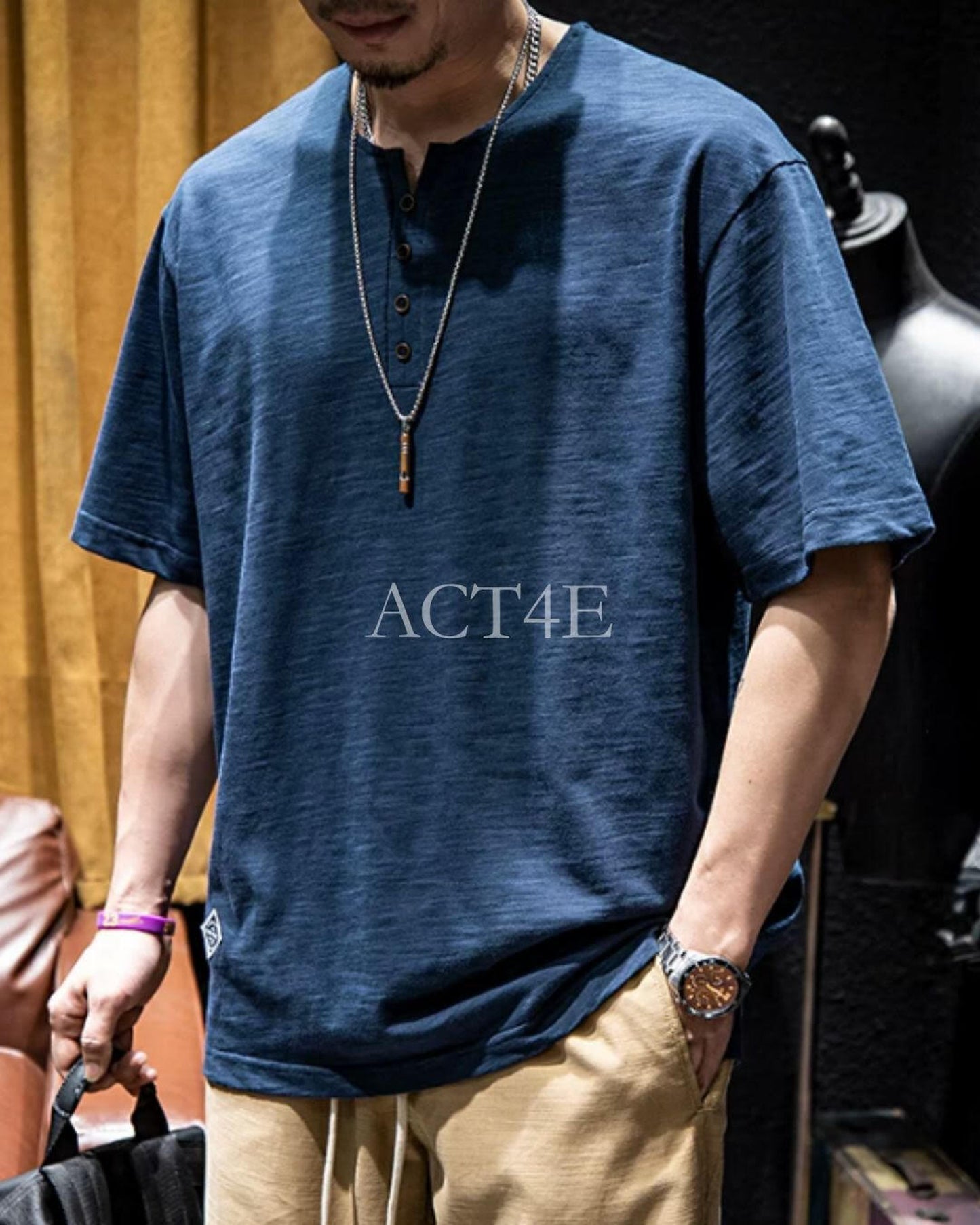 button front v-neck t-shirt 4color 【ACT0034】