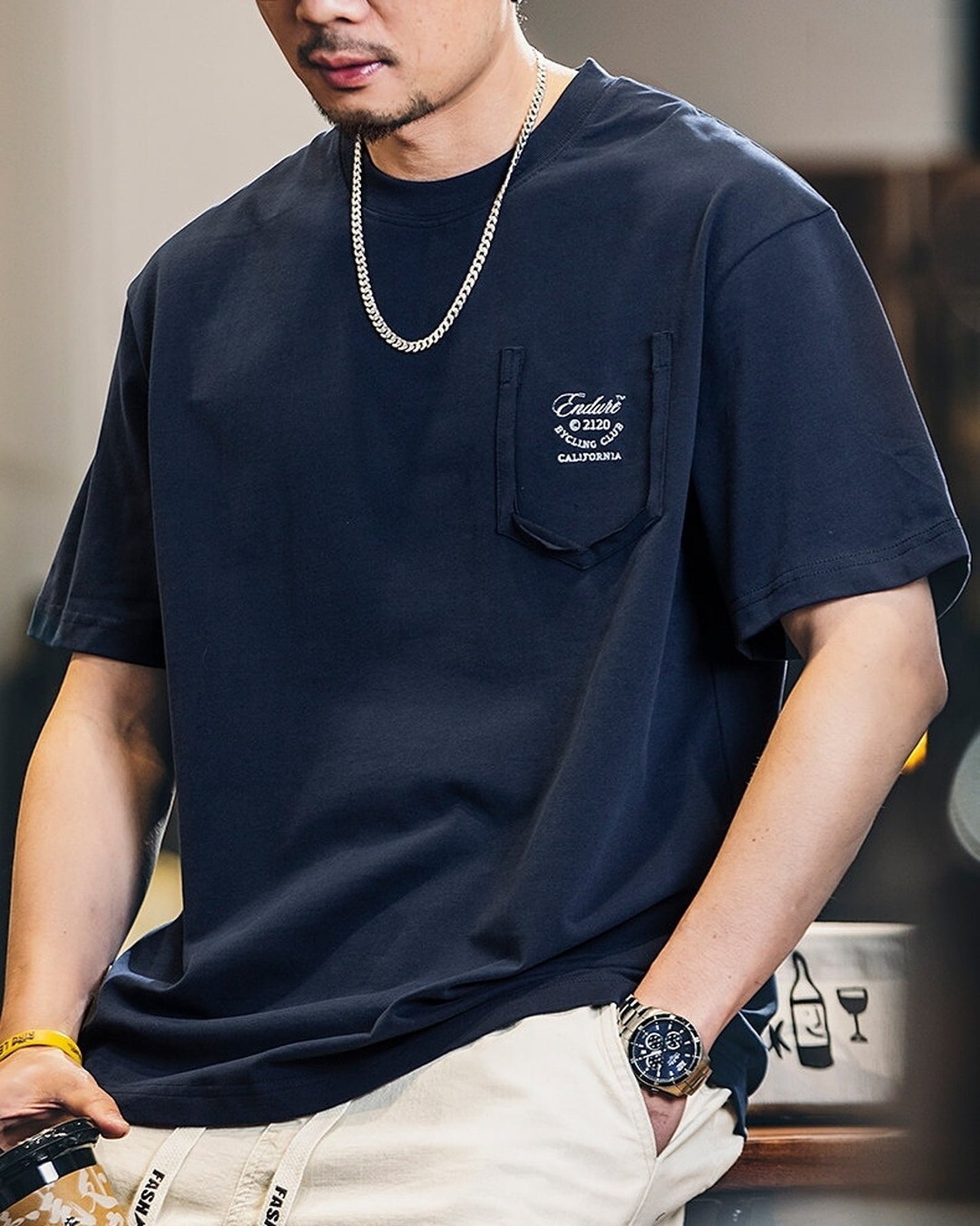 Chest-Pocket Loose Casual Letter-Print T-Shirt 2color 【ACT0079】